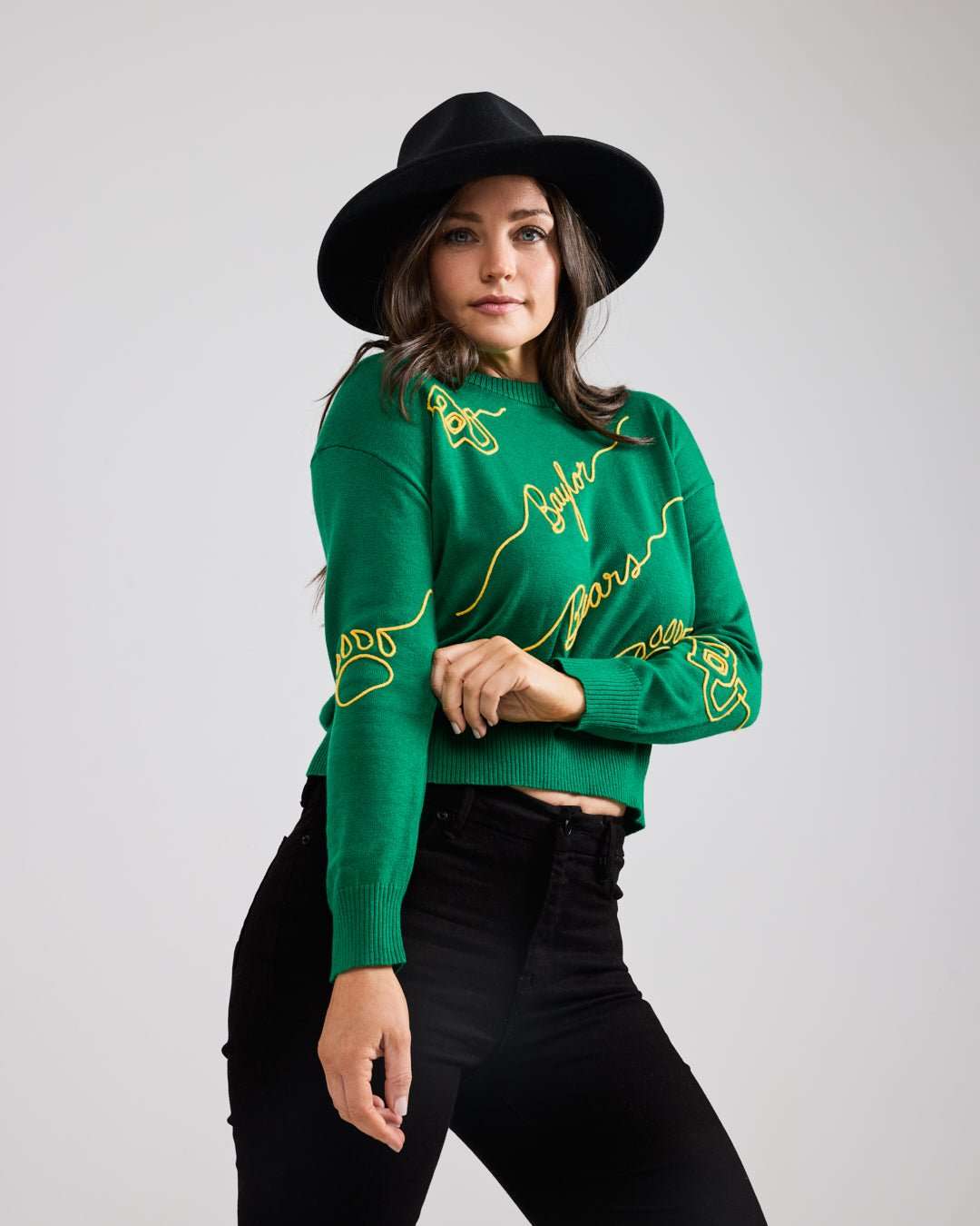 green long sleeve sweater with baylor bears embroidery, perfect for college game days