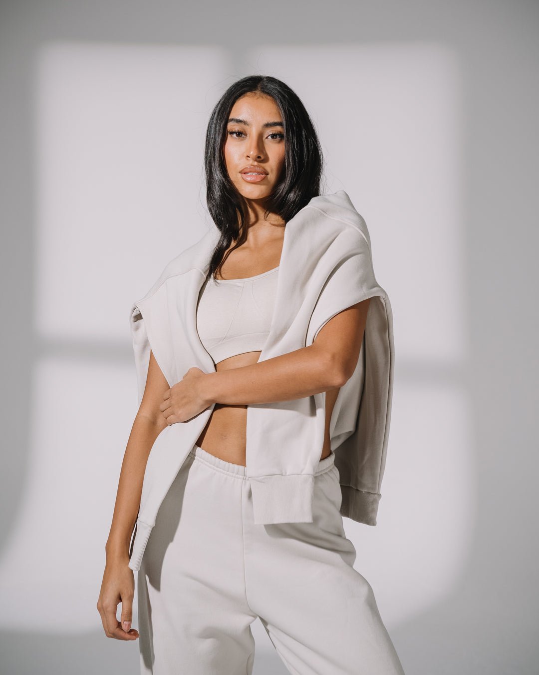 Soft beige oversized sweatshirt, ideal for lounging or casual outings