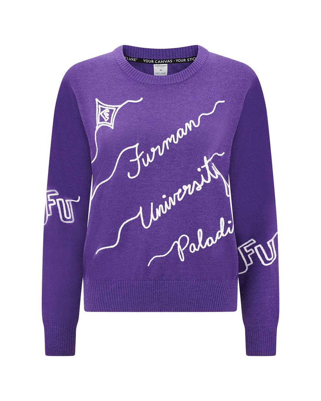 purple crewneck sweater with furman university paladins embroidery, styled for college game day
