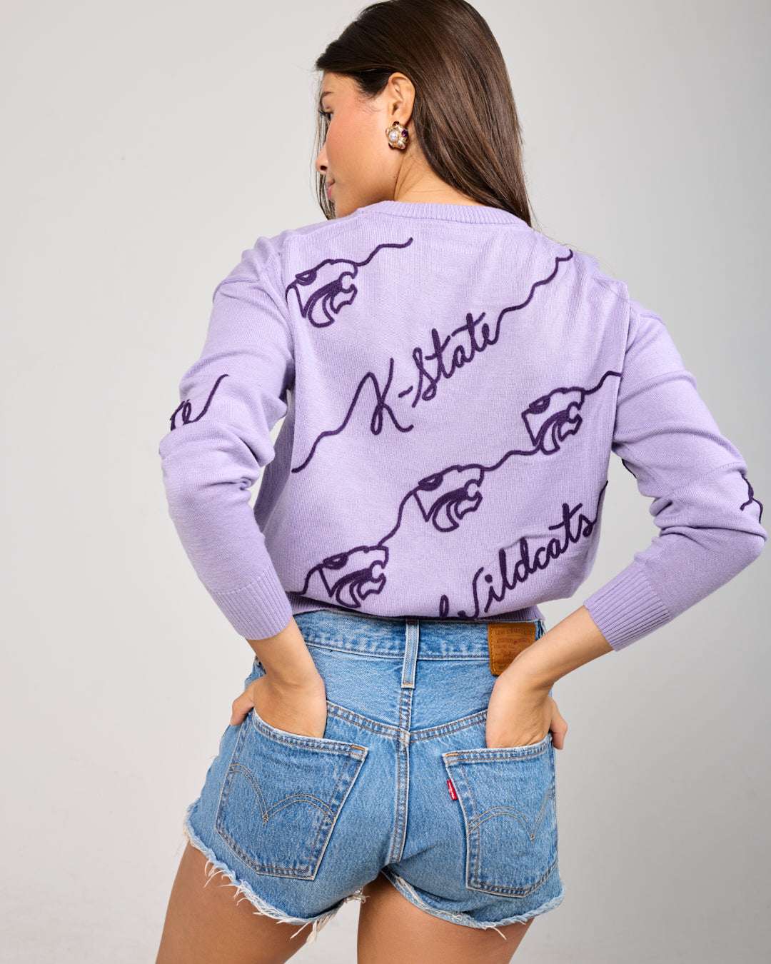 purple long sleeve sweater with kansas state wildcats embroidery, perfect for college game day and basketball games