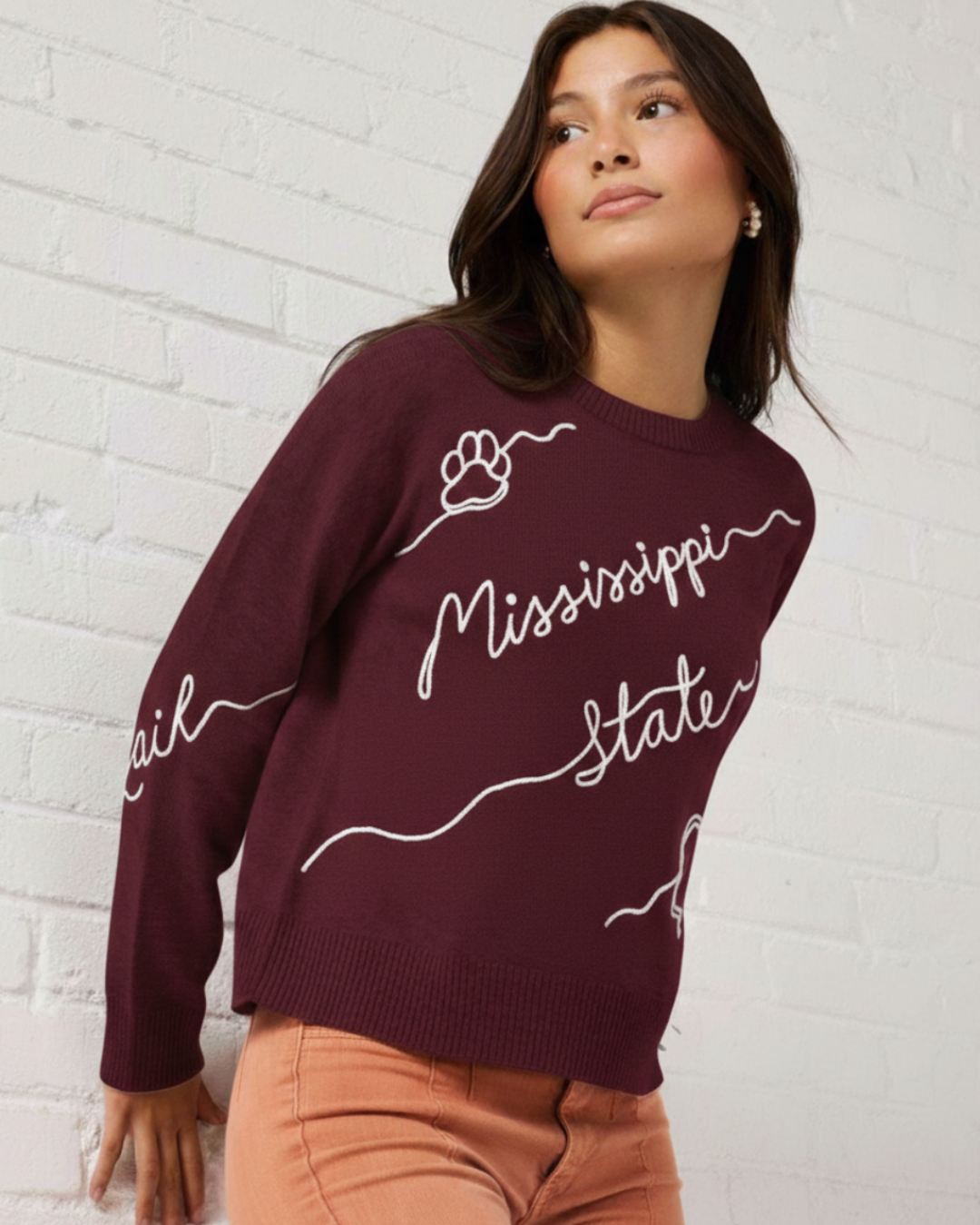 maroon long sleeve love letter sweater with mississippi state bulldogs embroidery, perfect for campus wear.