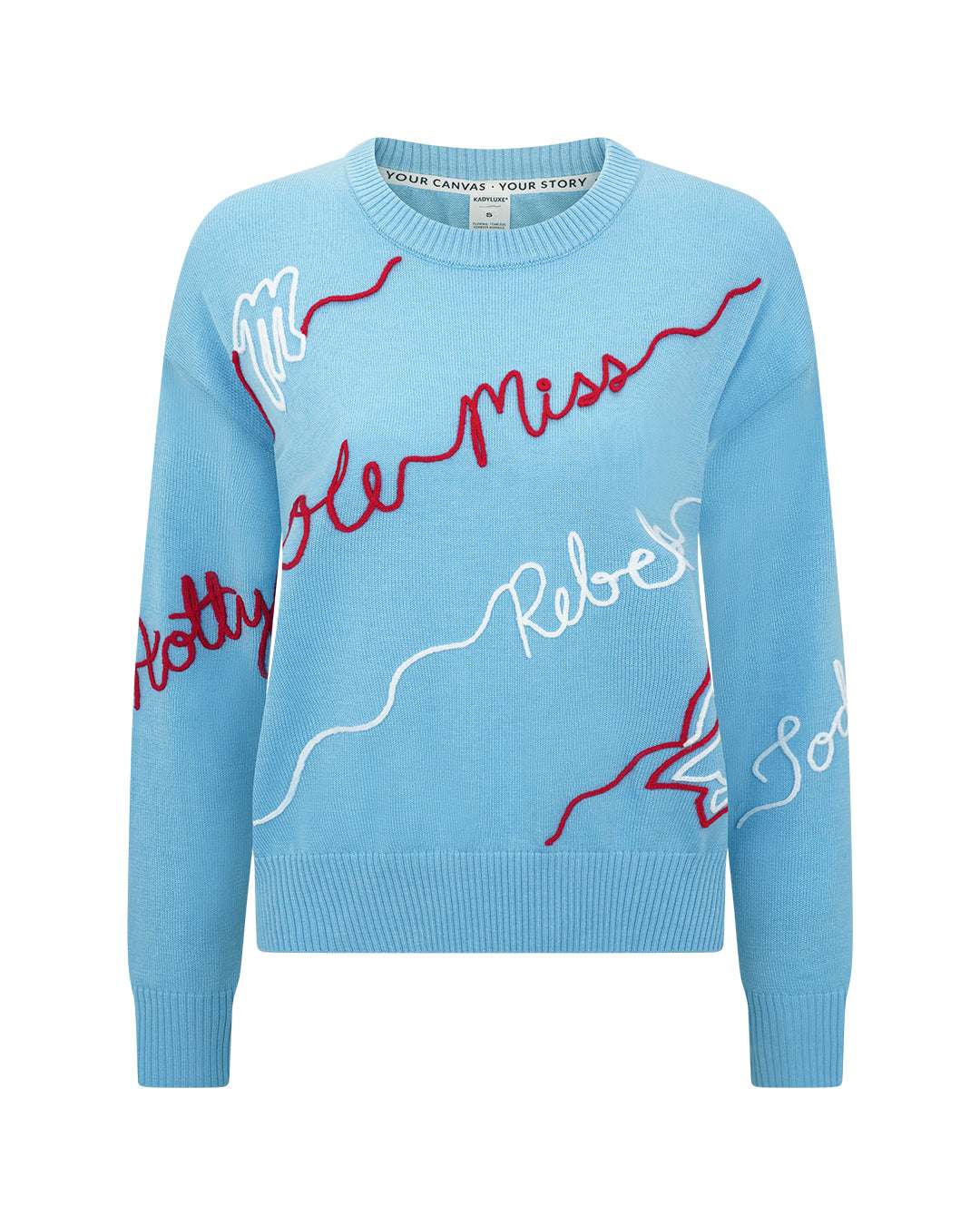 blue crewneck sweater with ole miss embroidery, perfect for college game day and tailgates.