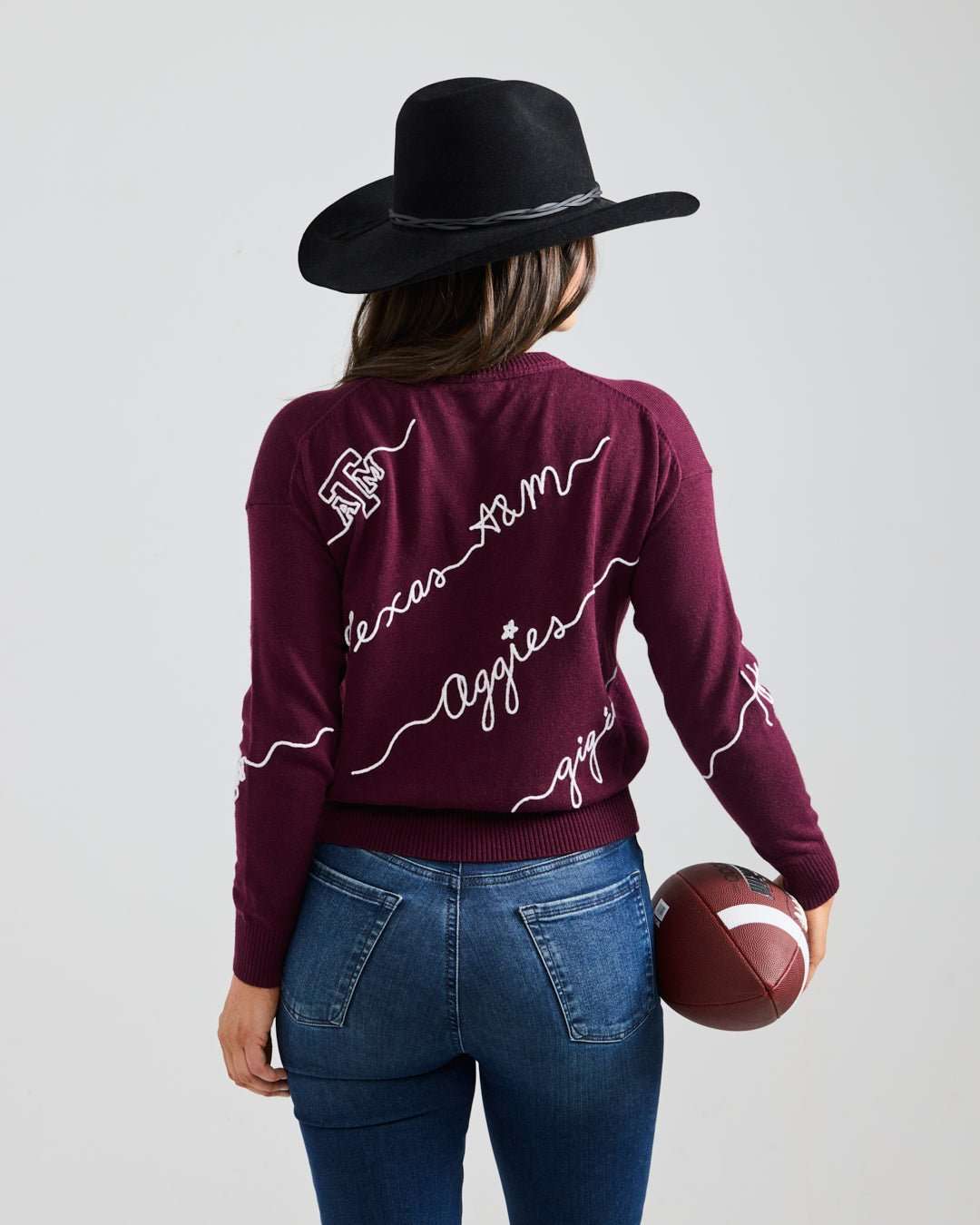 maroon long sleeve sweater with texas aggies embroidery, perfect for college kick off