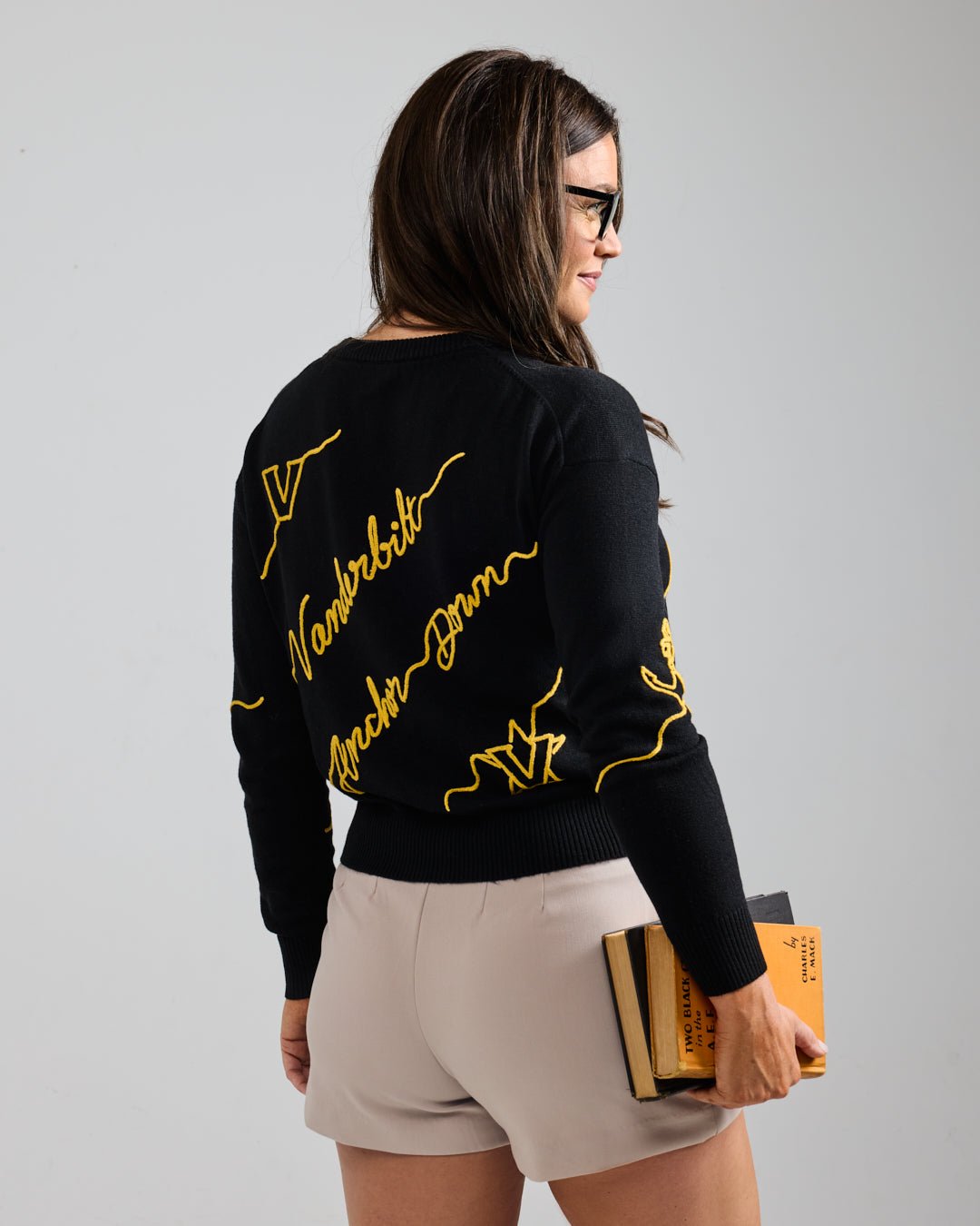long sleeve sweater with vanderbilt anchor down embroidery, perfect for campus wear