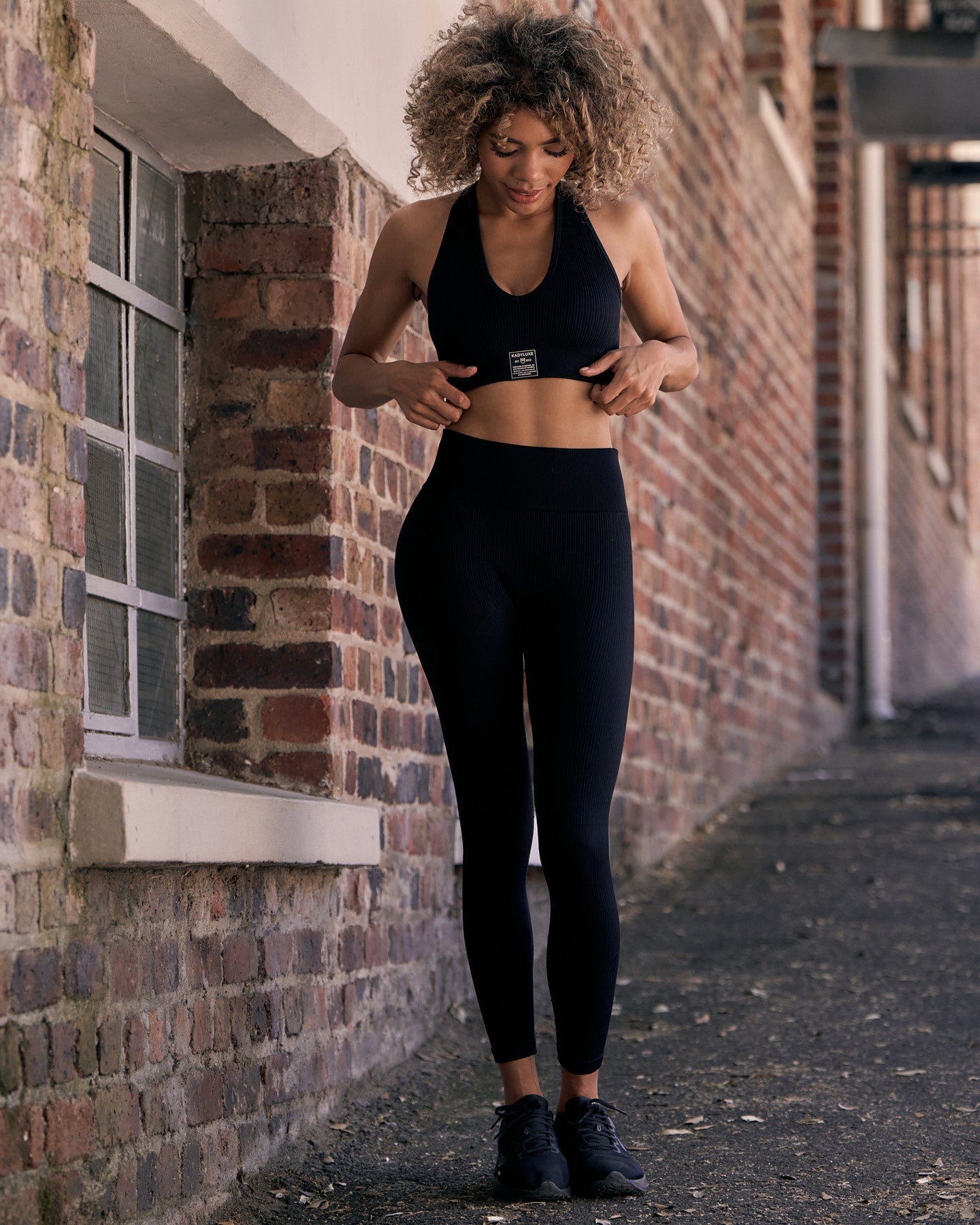 Front view of KADYLUXE Turkish Rib Seamless Leggings in Black