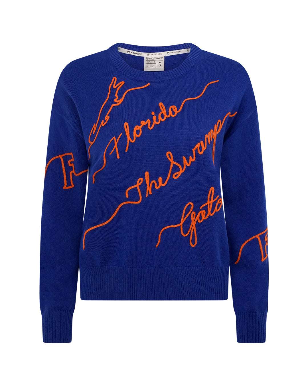 blue and orange NCAA crewneck sweater with Florida Gators embroidered logo, perfect for campus wear