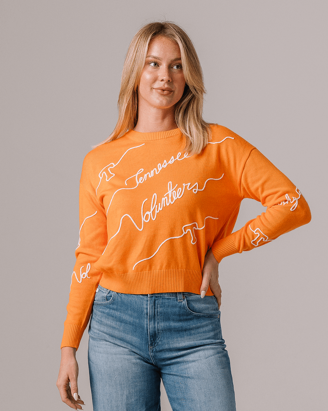 orange long sleeve sweater with tennessee volunteers embroidery, perfect for college tailgates