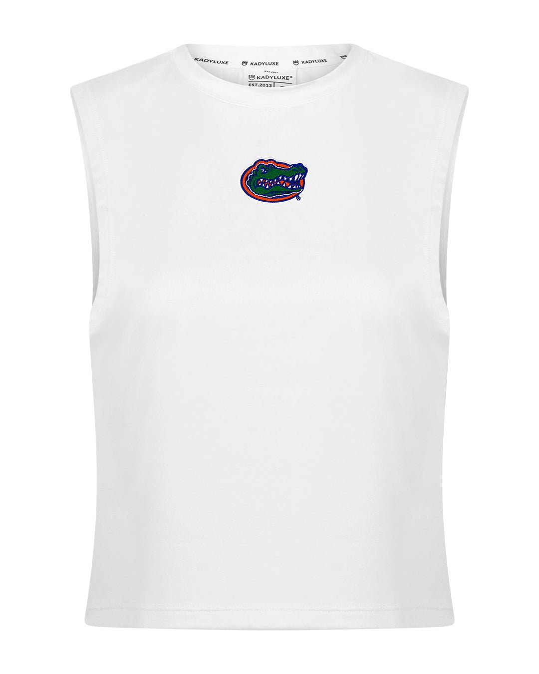 White muscle tank top with Florida Gators patch, styled for campus