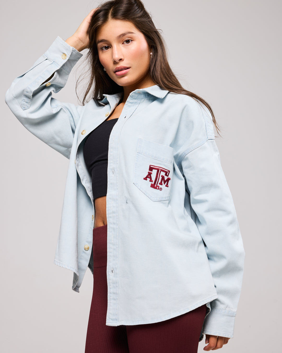 blue denim long sleeve with texas aggies embroidery, styled for college tailgates