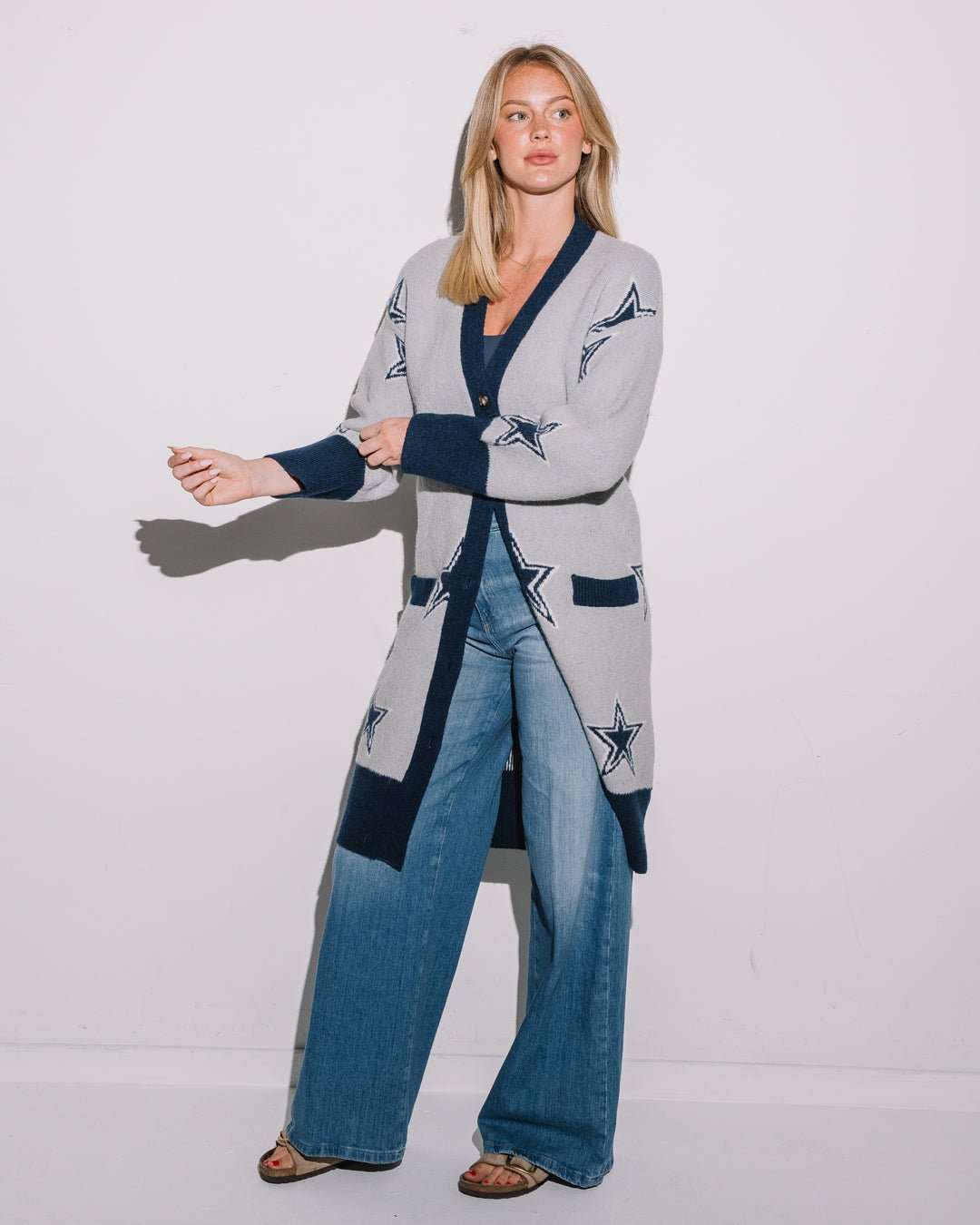 gray long sleeve cardigan with navy dallas cowboys star embroidery pattern, perfect for tailgates, game day, and lounging.