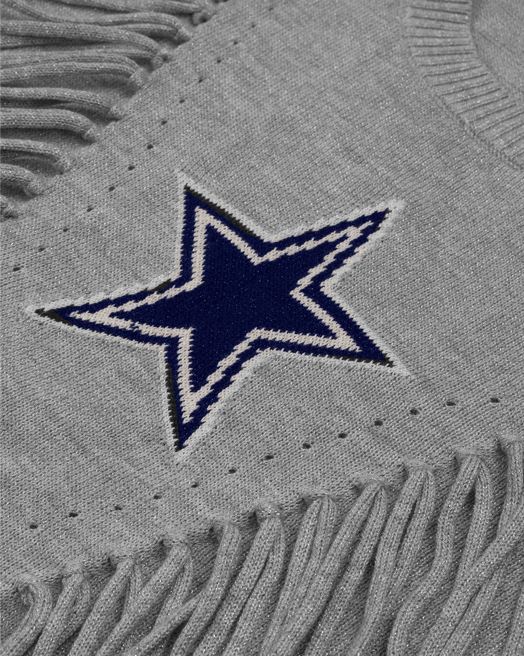 Silver fringe sparkle sweater with Dallas Cowboys star logo, perfect for game day or festive fan style.