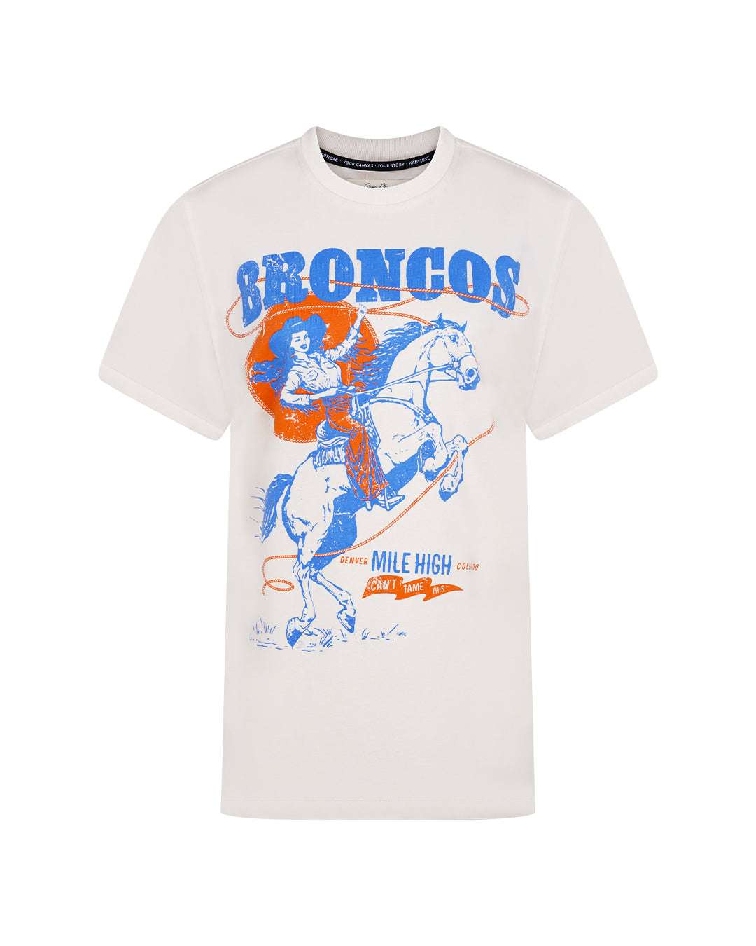 game changers womens tee with denver broncos hand-drawn logo, styled for game day, casual wear, and tailgates.