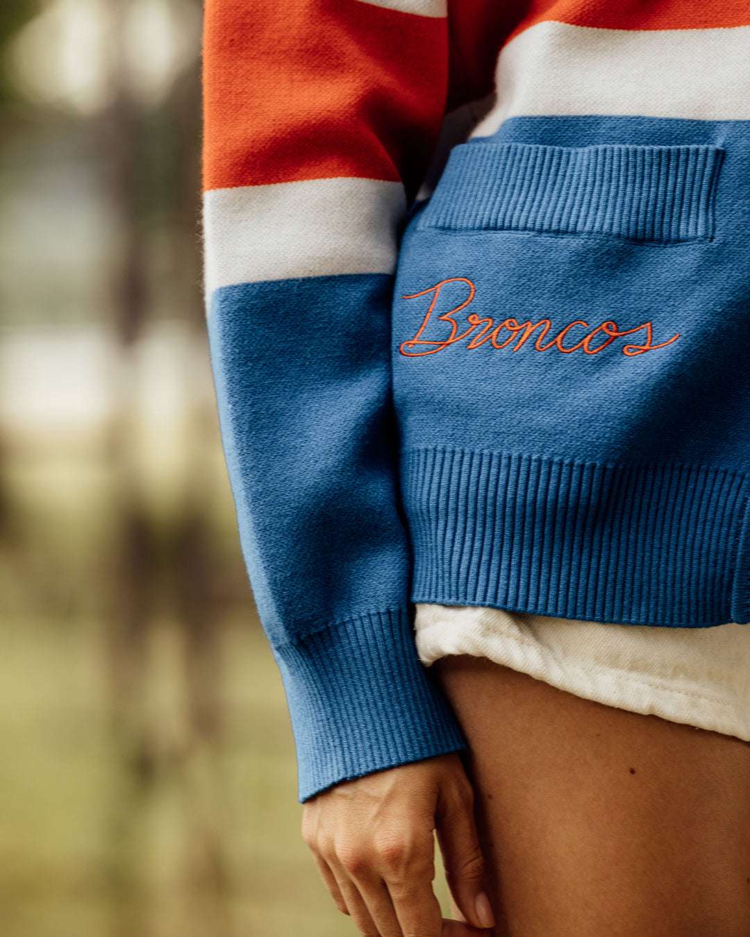 vinti womens cardigan sweater with denver broncos emblem, styled for game day, casual wear, and tailgates.