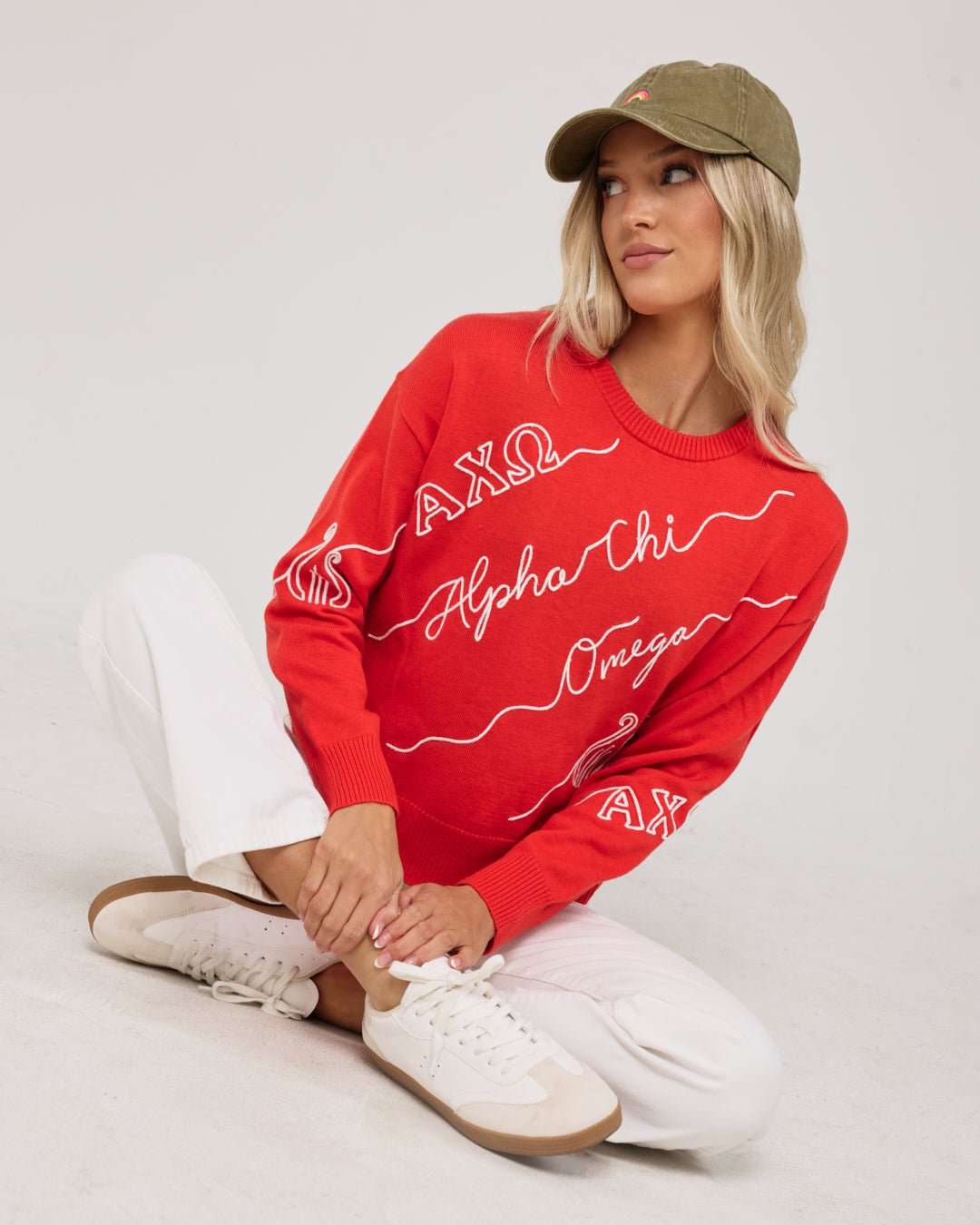 scarlet red and white crewneck sorority sweater with Alpha Chi Omega embroidered logo, perfect for campus wear