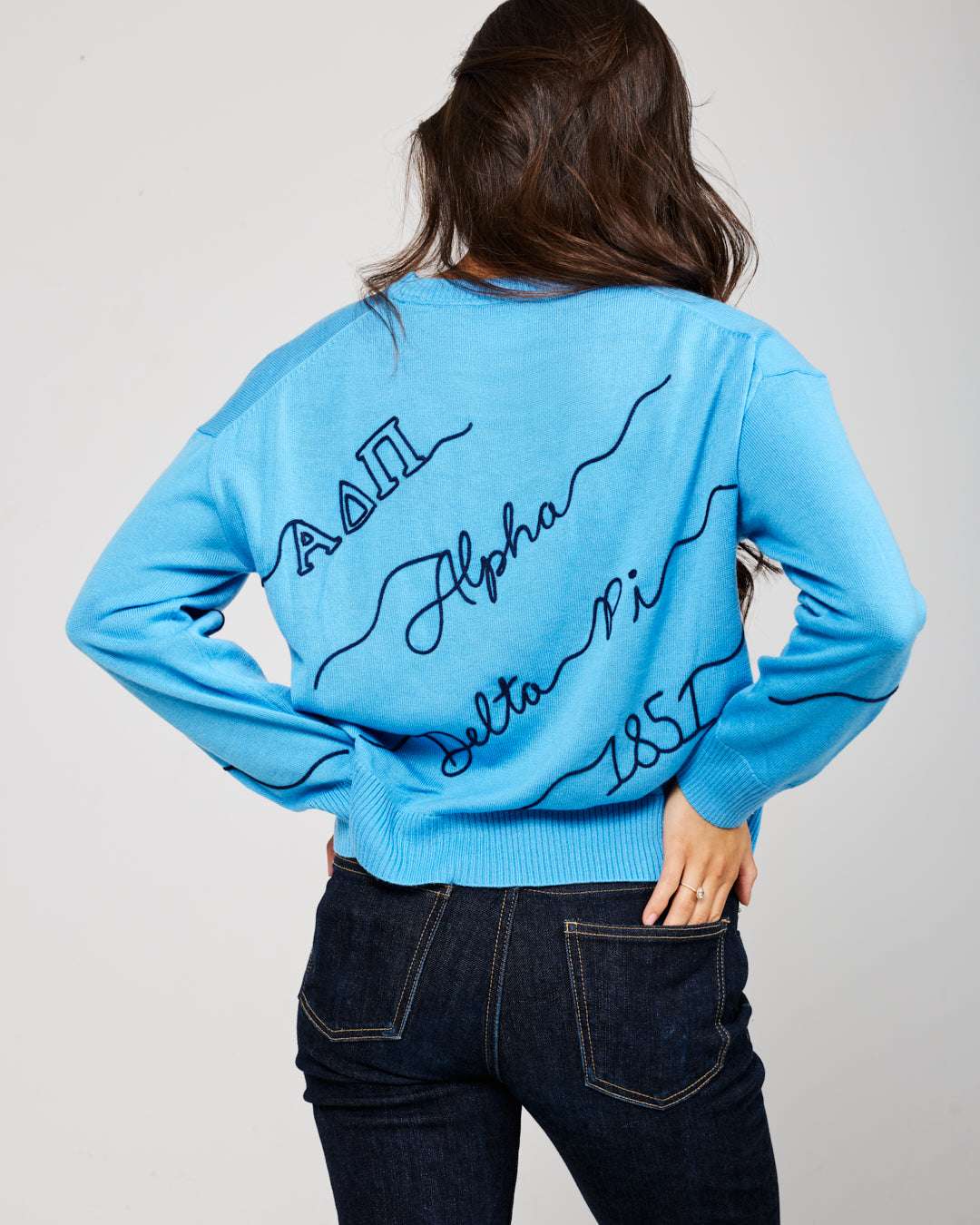blue and navy crewneck sorority sweater with Alpha Delta Pi embroidered logo, perfect for sisterhood events
