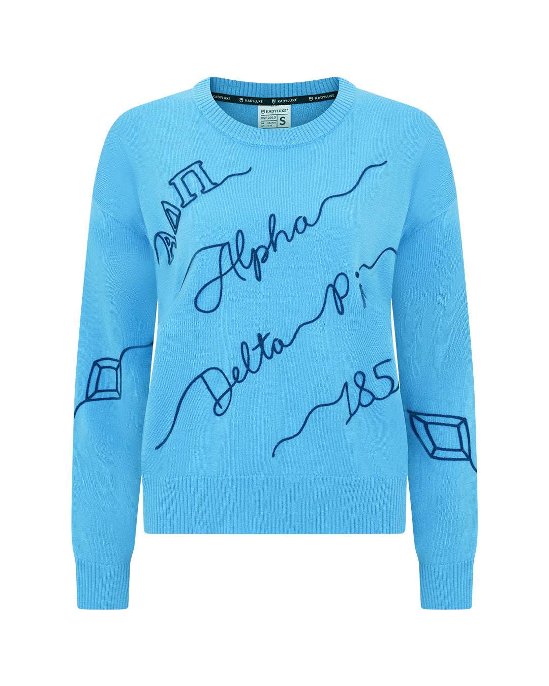 blue and navy crewneck sorority sweater with Alpha Delta Pi embroidered logo, perfect for sisterhood events