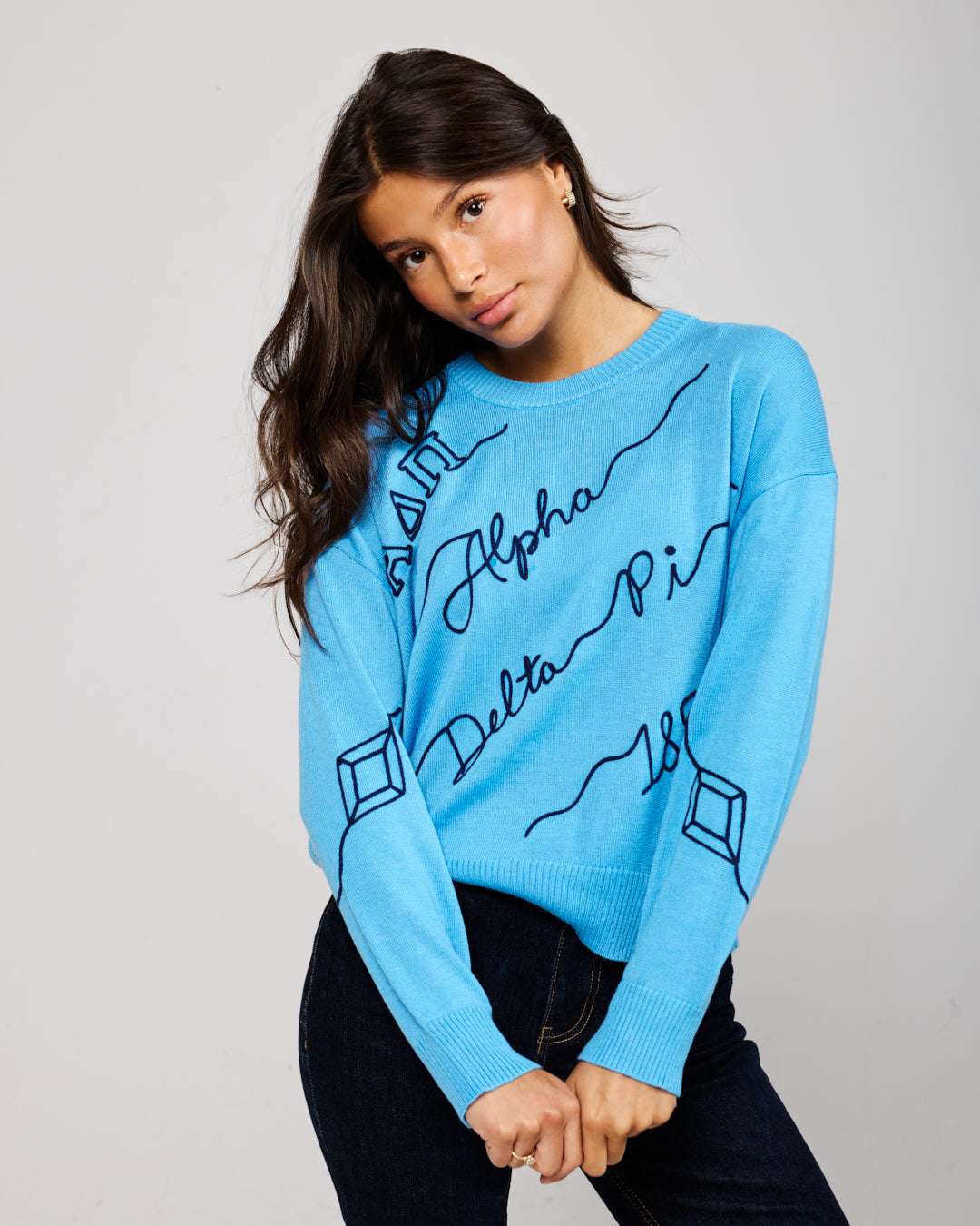 blue and navy crewneck sorority sweater with Alpha Delta Pi embroidered logo, perfect for sisterhood events