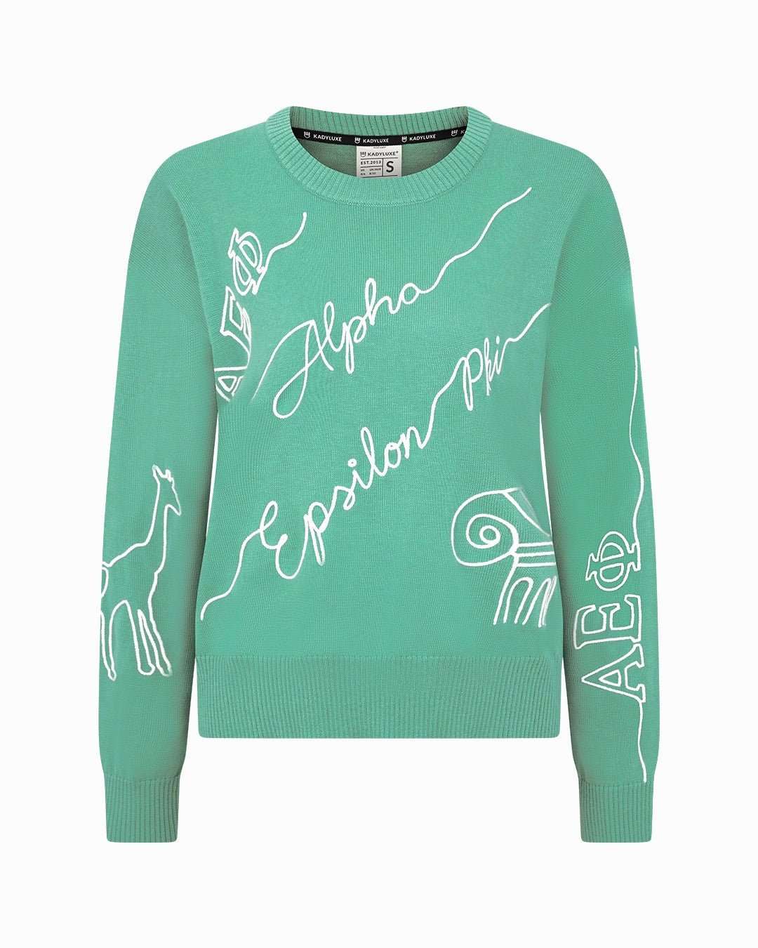 green and white crewneck sorority sweater with Alpha Epsilon Phi embroidered logo, perfect for sorority recruitment