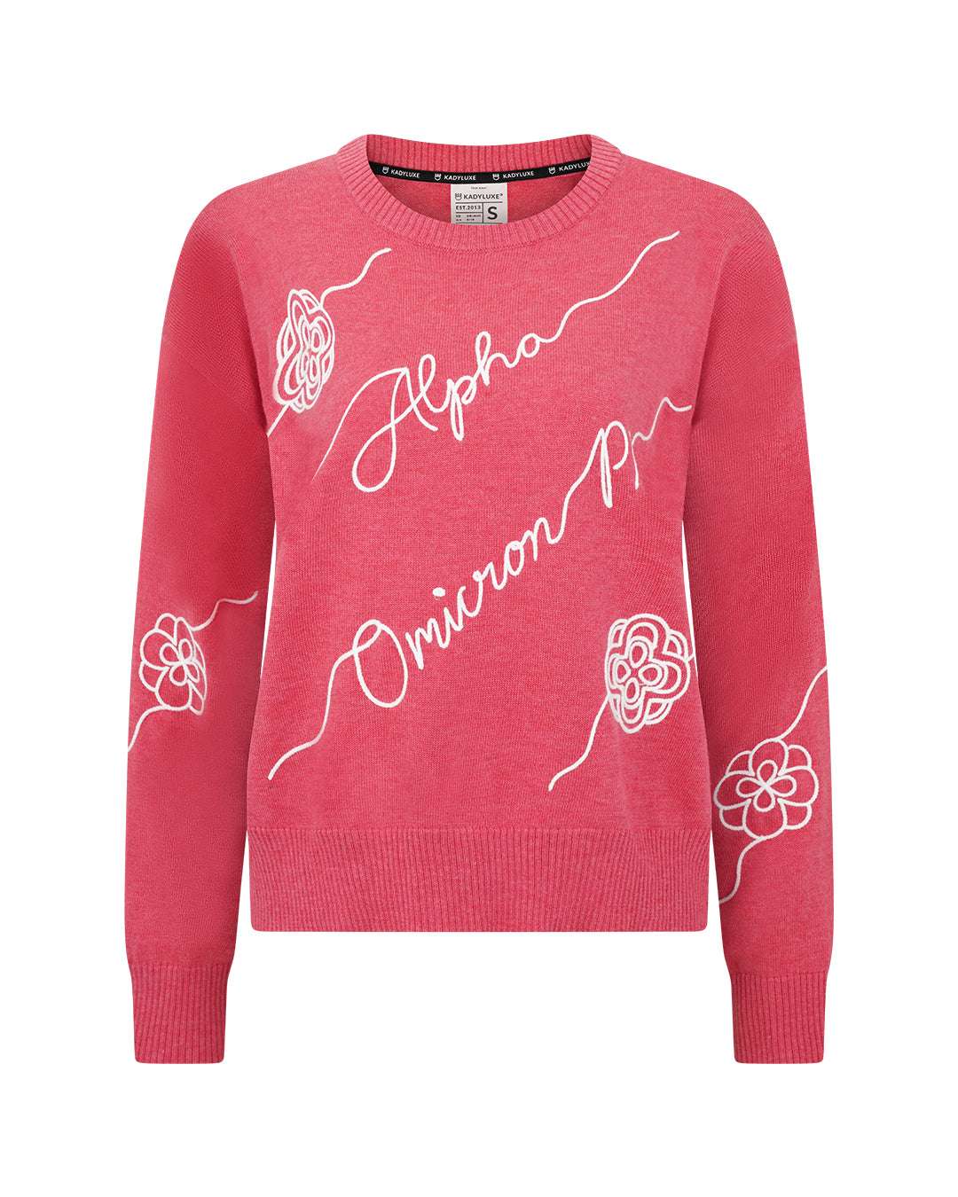 pink and white long sleeve sorority sweater with Alpha Omicron Pi embroidered logo, perfect for sorority rush