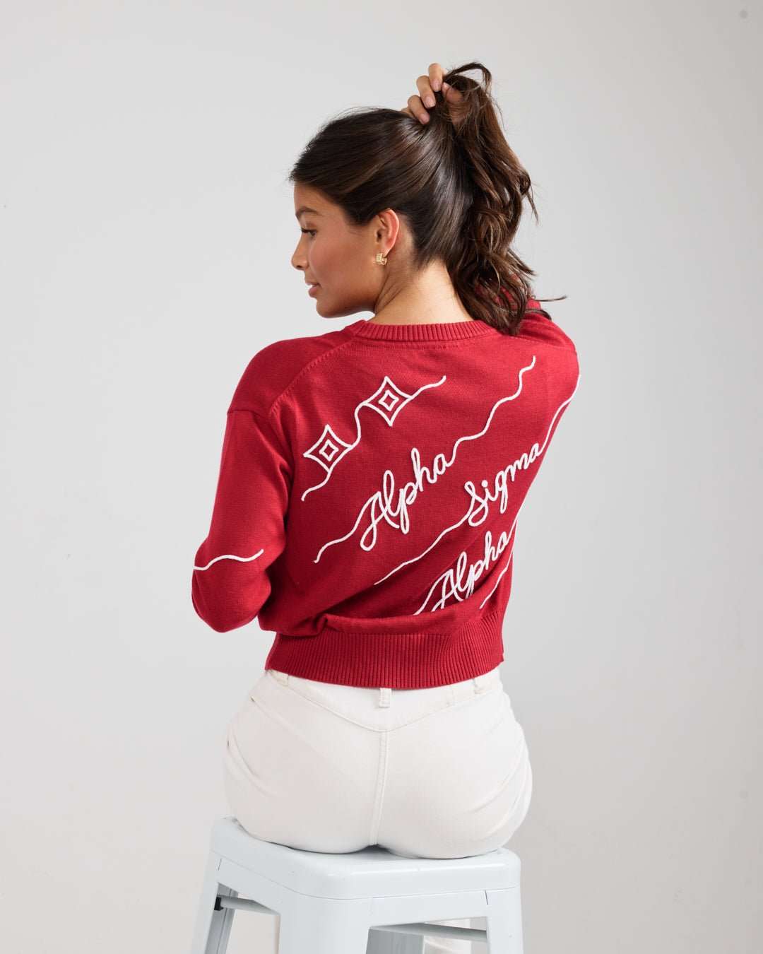 crimson red and white crewneck sorority sweater with Alpha Sigma Alpha embroidered logo, perfect for campus wear