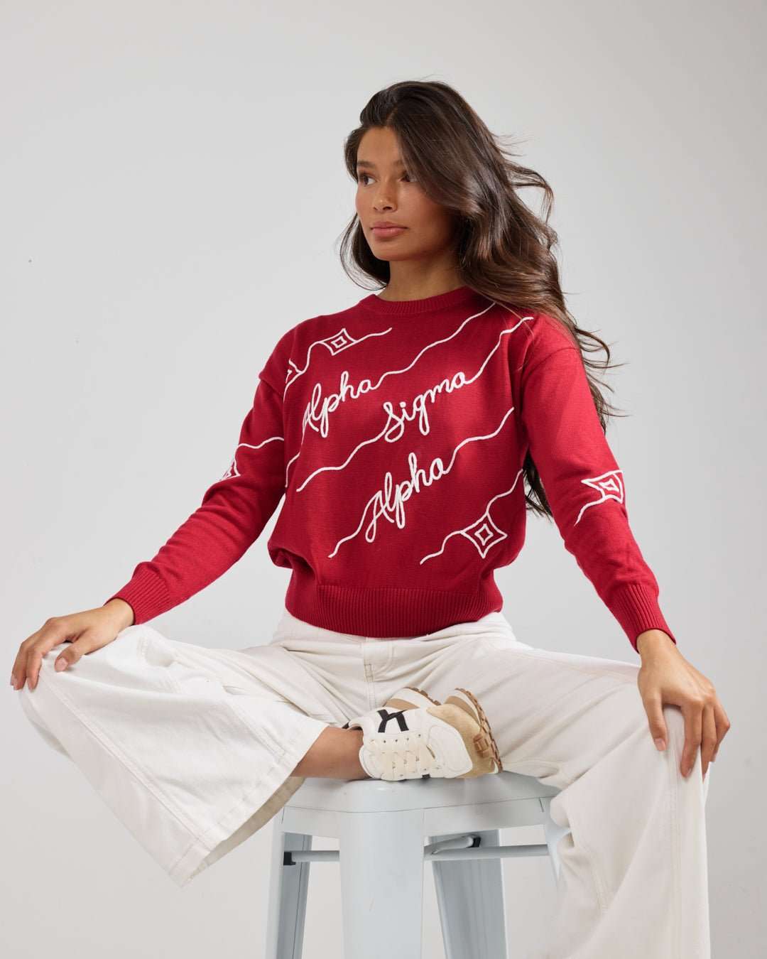crimson red and white crewneck sorority sweater with Alpha Sigma Alpha embroidered logo, perfect for campus wear