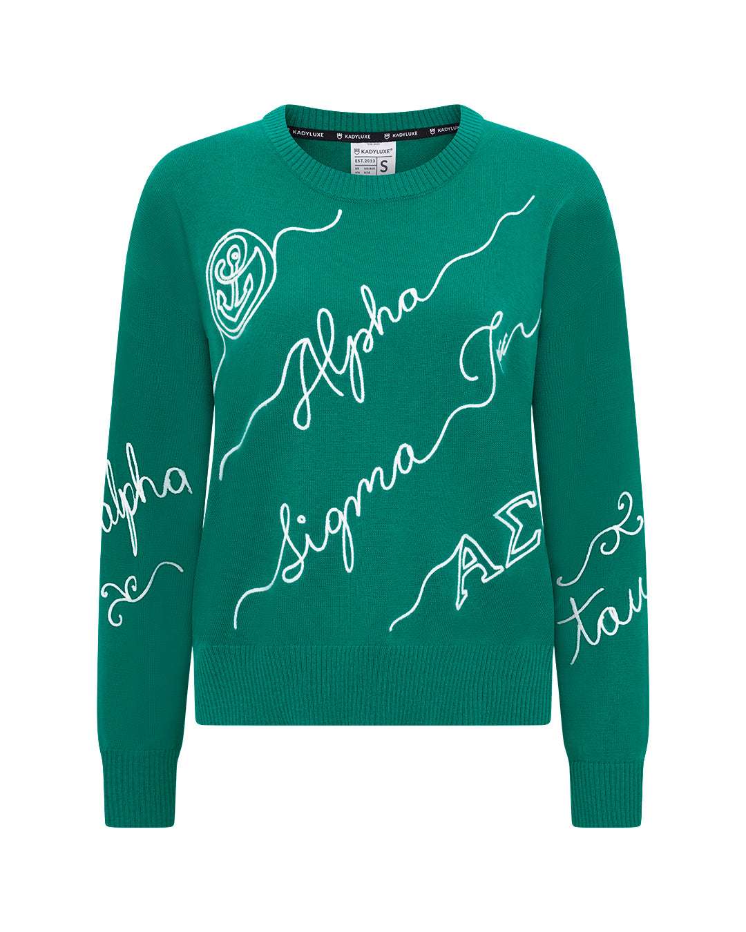 green and white crewneck sorority sweater with Alpha Sigma Tau embroidered logo, perfect for first day of college outfit