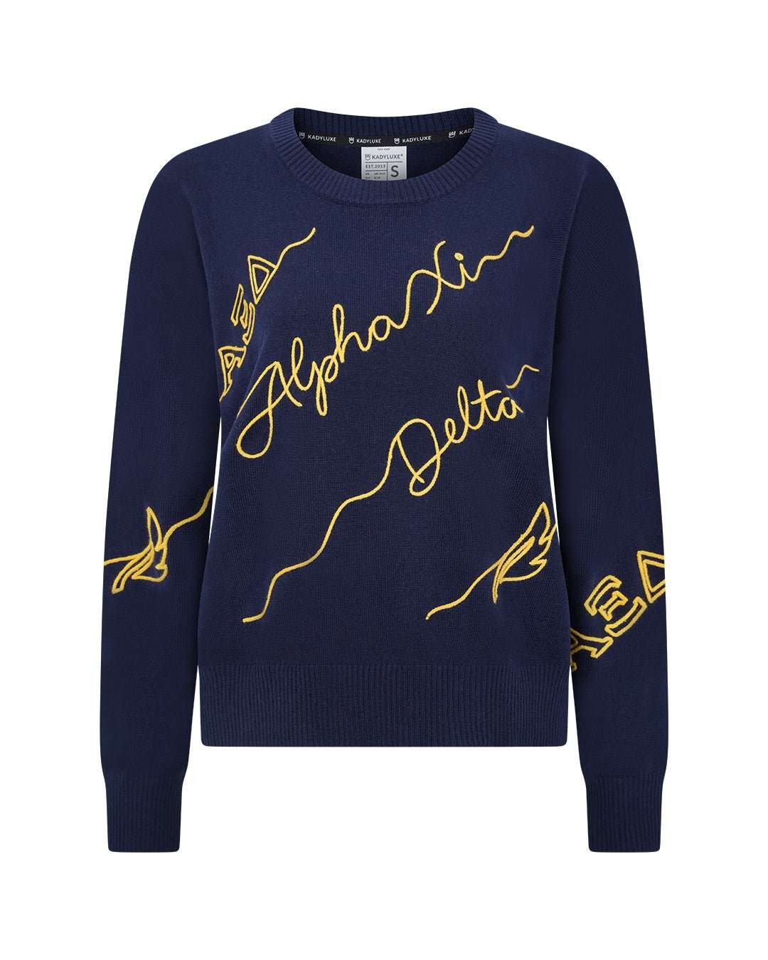 navy and gold long sleeve sorority sweater with Alpha Xi Delta embroidered logo, perfect for sorority alumni events