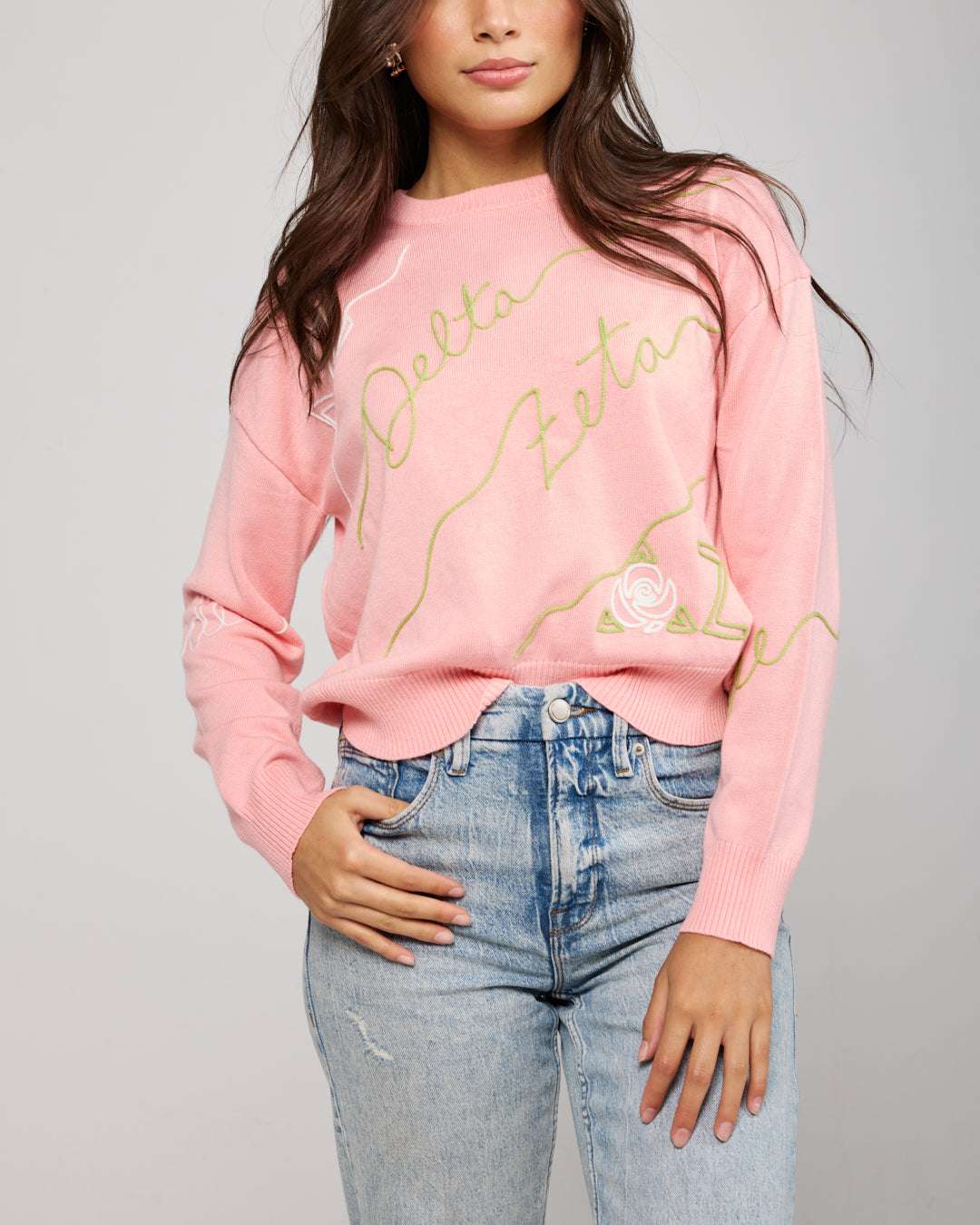 pink and gold crewneck sorority sweater with Delta Zeta embroidered logo, perfect for sorority rush outfits