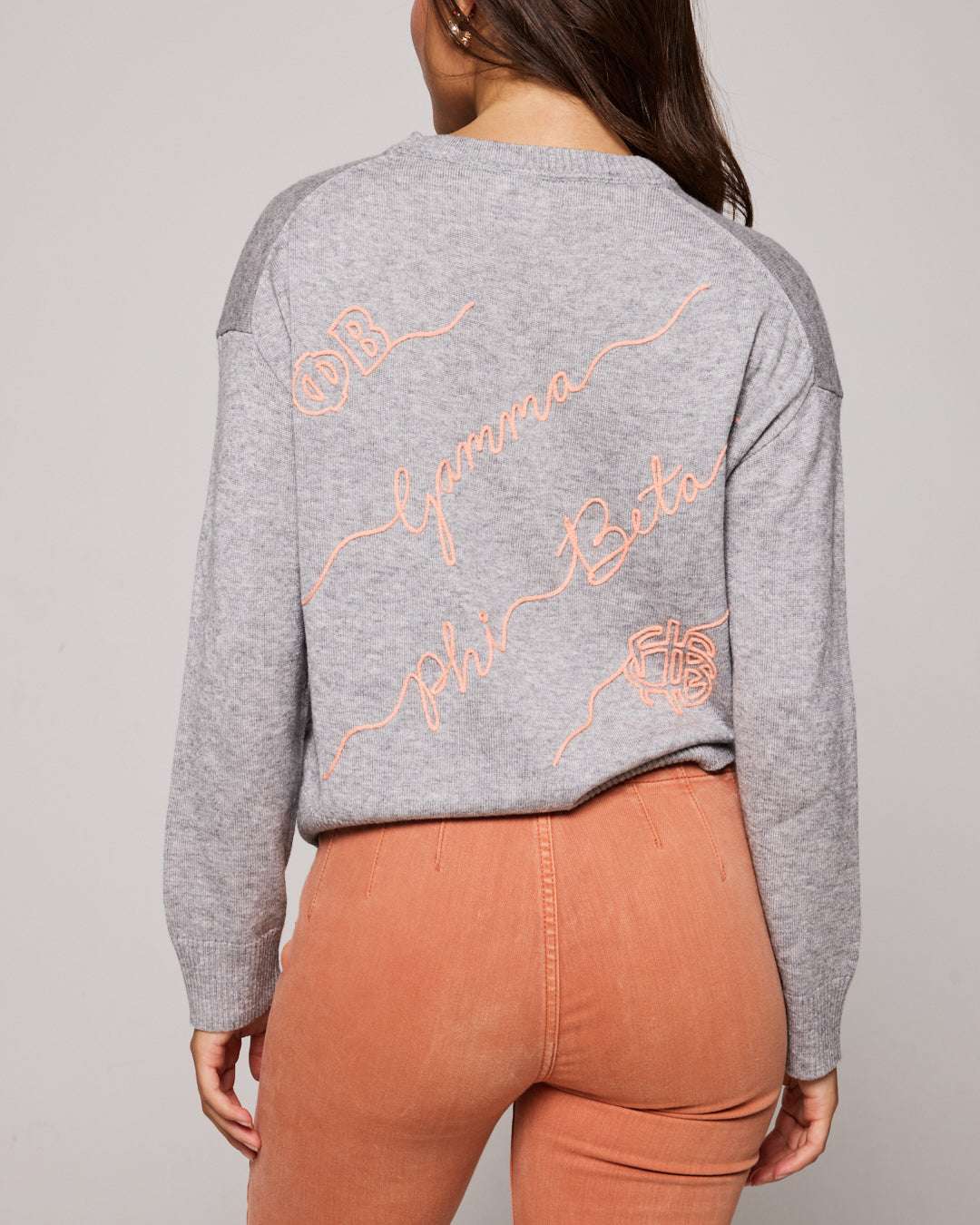 gray and peach long sleeve sorority sweater with Gamma Phi Beta embroidered logo, perfect for sorority alumni