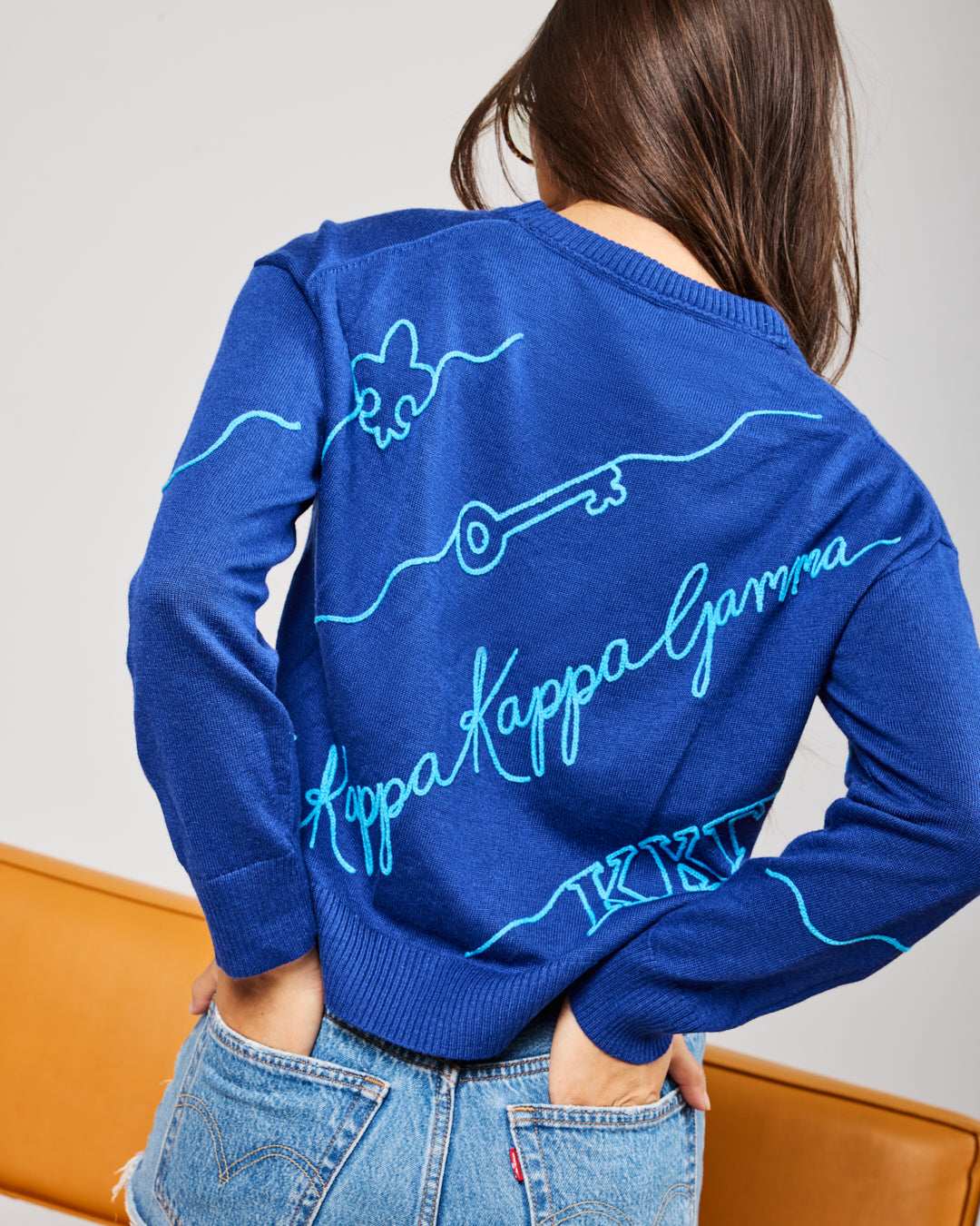 royal blue crewneck sorority sweater with Kappa Kappa Gamma embroidered logo, perfect for campus wear