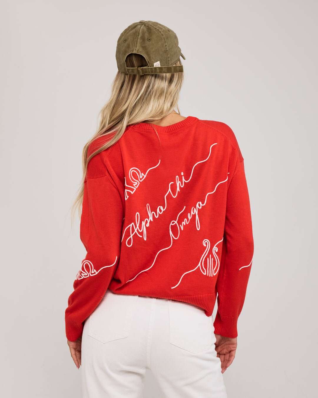 scarlet red and white crewneck sorority sweater with Alpha Chi Omega embroidered logo, perfect for campus wear