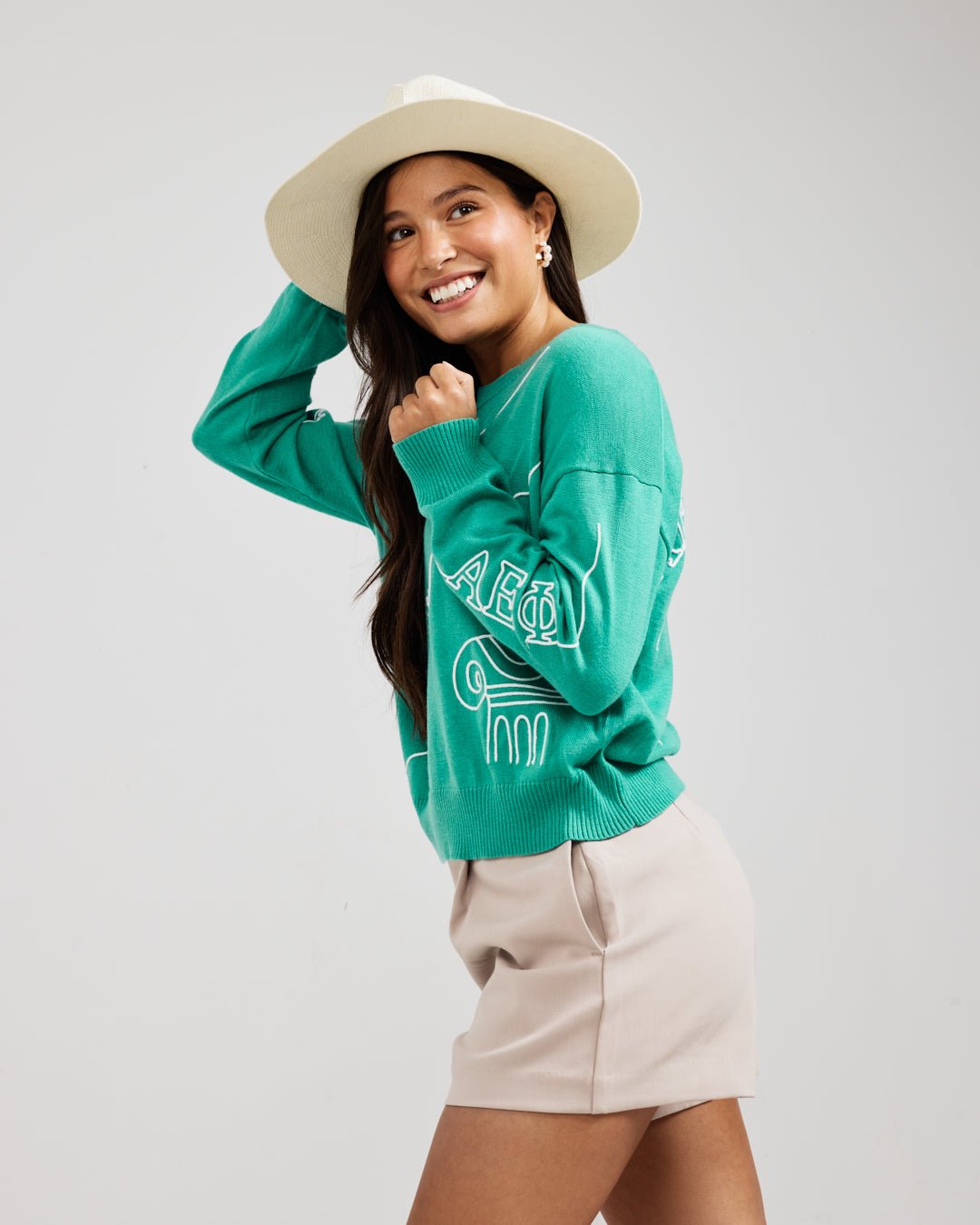 green and white crewneck sorority sweater with Alpha Epsilon Phi embroidered logo, perfect for sorority recruitment