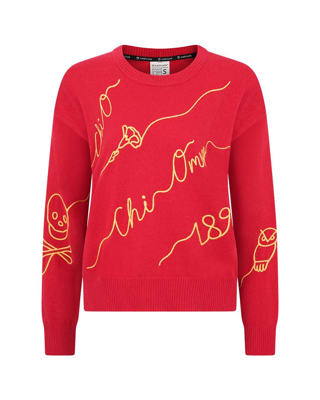 red and gold long sleeve sorority sweater with Chi Omega embroidered logo, perfect for sorority sisterhood events