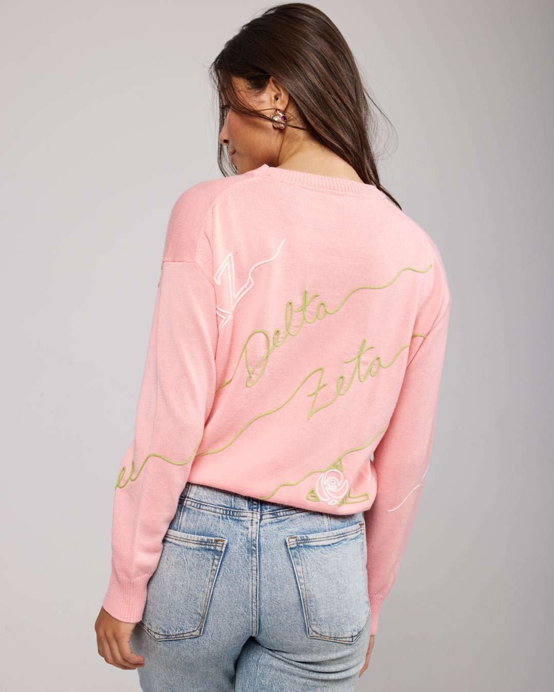 pink and gold crewneck sorority sweater with Delta Zeta embroidered logo, perfect for sorority rush outfits