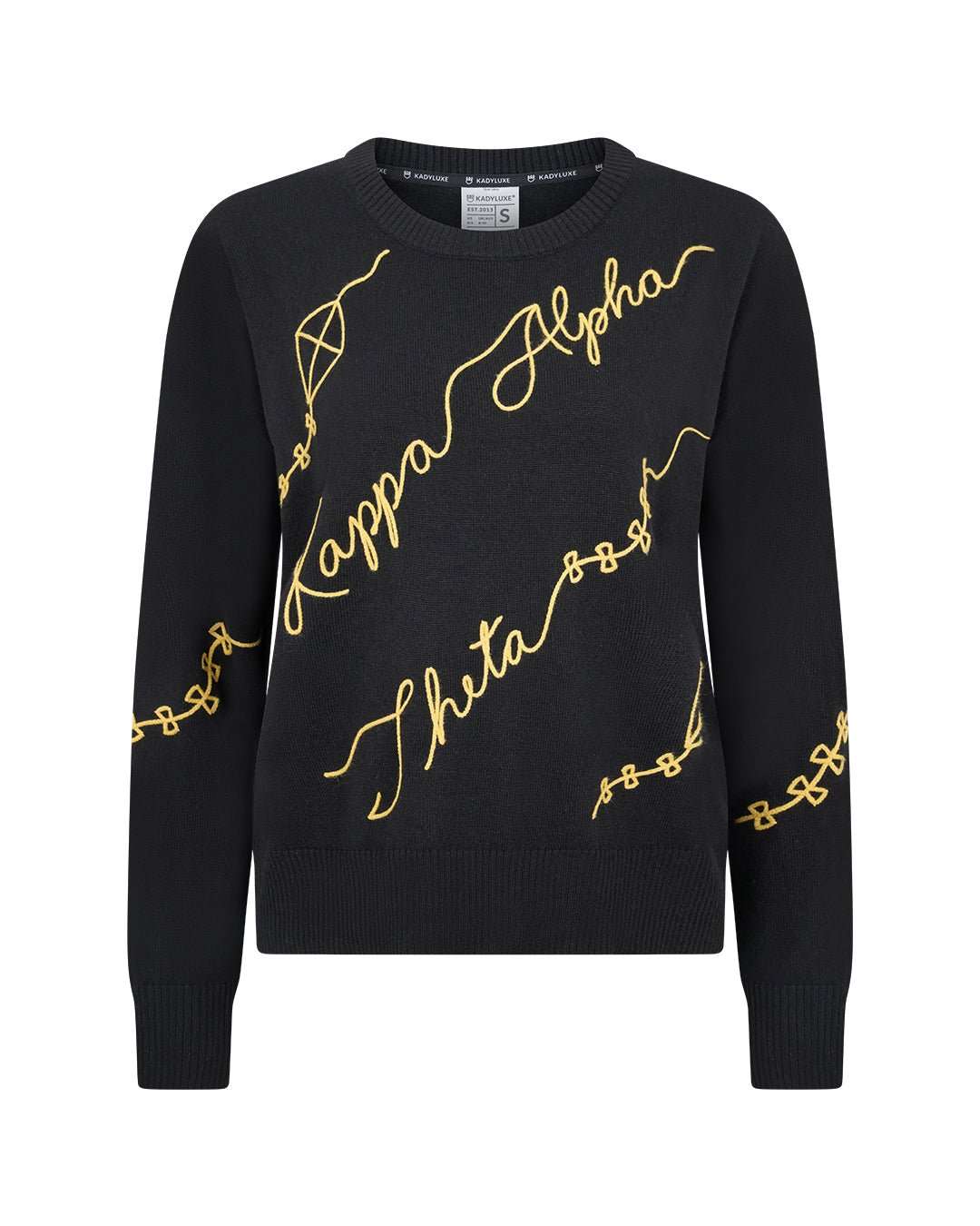 black and gold long sleeve sorority sweater with Kappa Alpha Theta embroidered logo, perfect for sorority sisterhood events