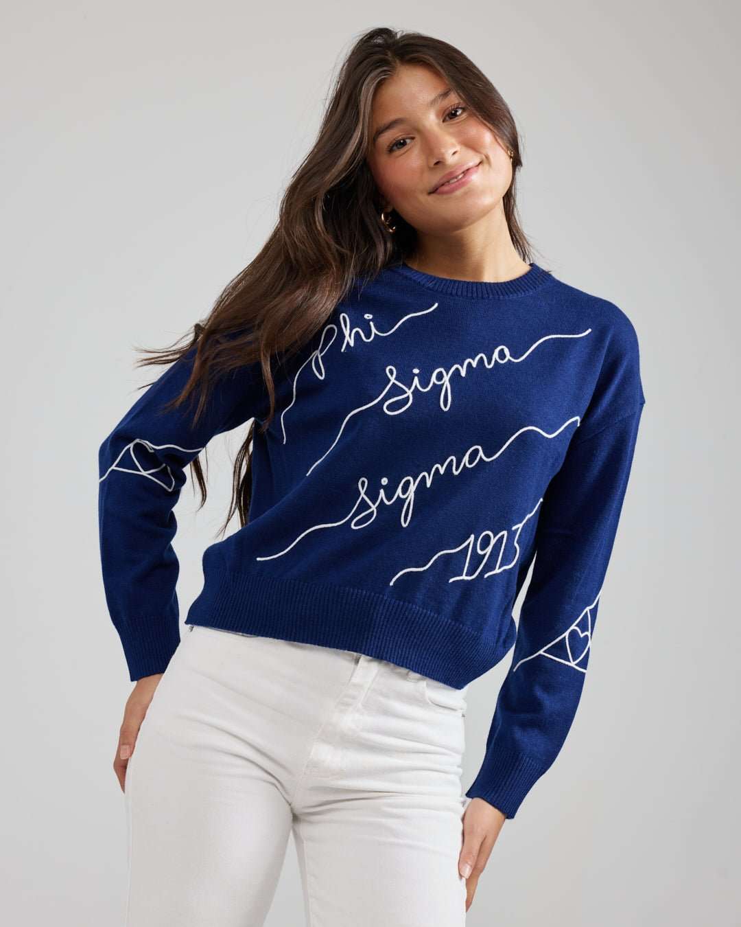 blue and white crewneck sorority sweater with Phi Sigma Sigma embroidered logo, perfect for sorority bid day celebrations