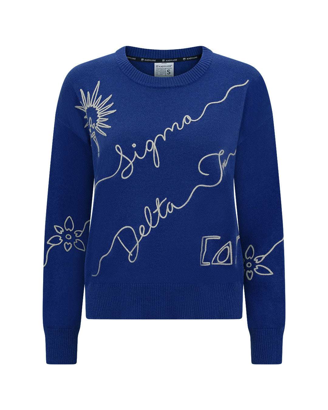 blue and beige crewneck sorority sweater with Sigma Delta Tau embroidered logo, perfect for sorority alumni brunch