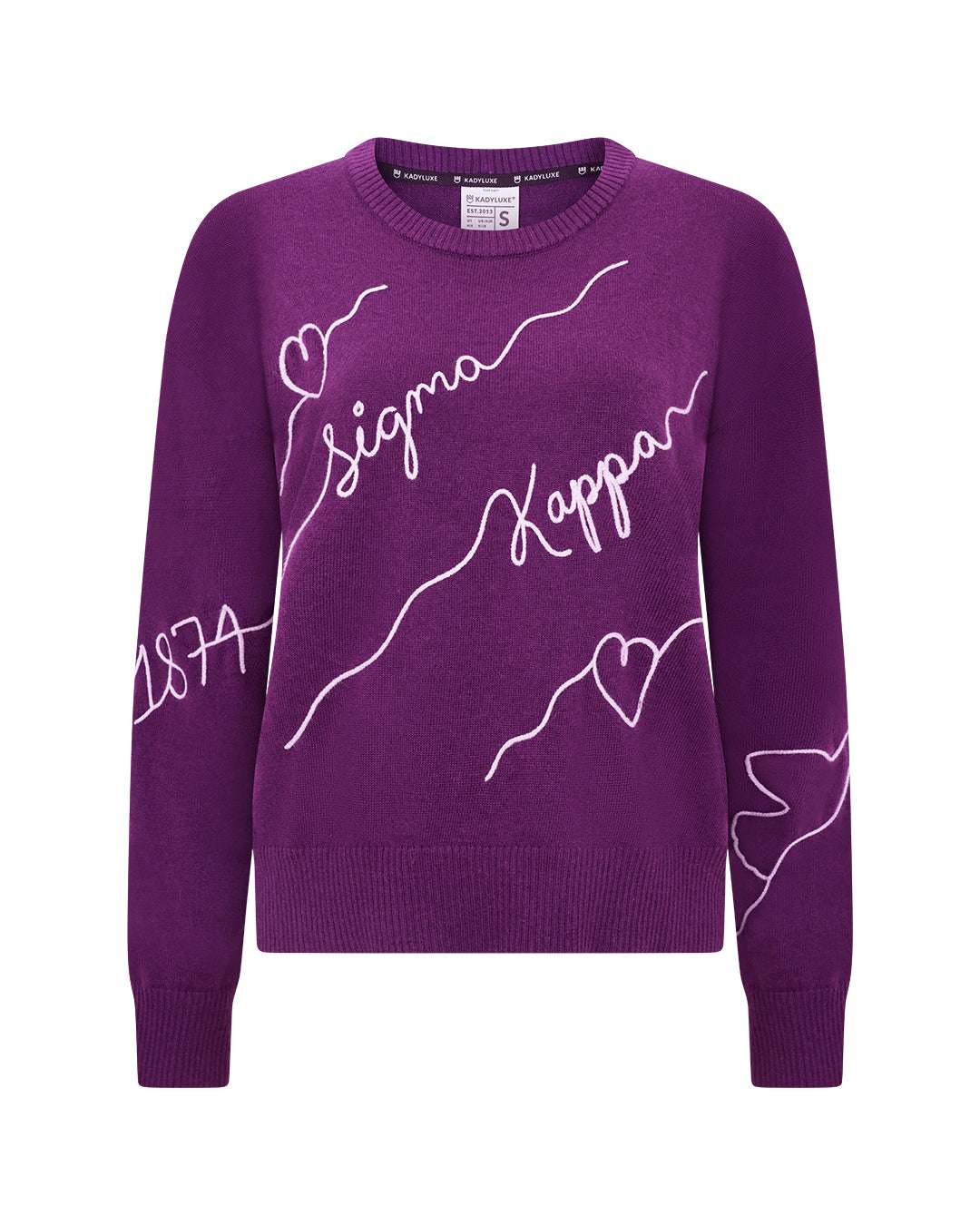purple and pink crewneck sorority sweater with Sigma Kappa embroidered logo, perfect for dorm move in day