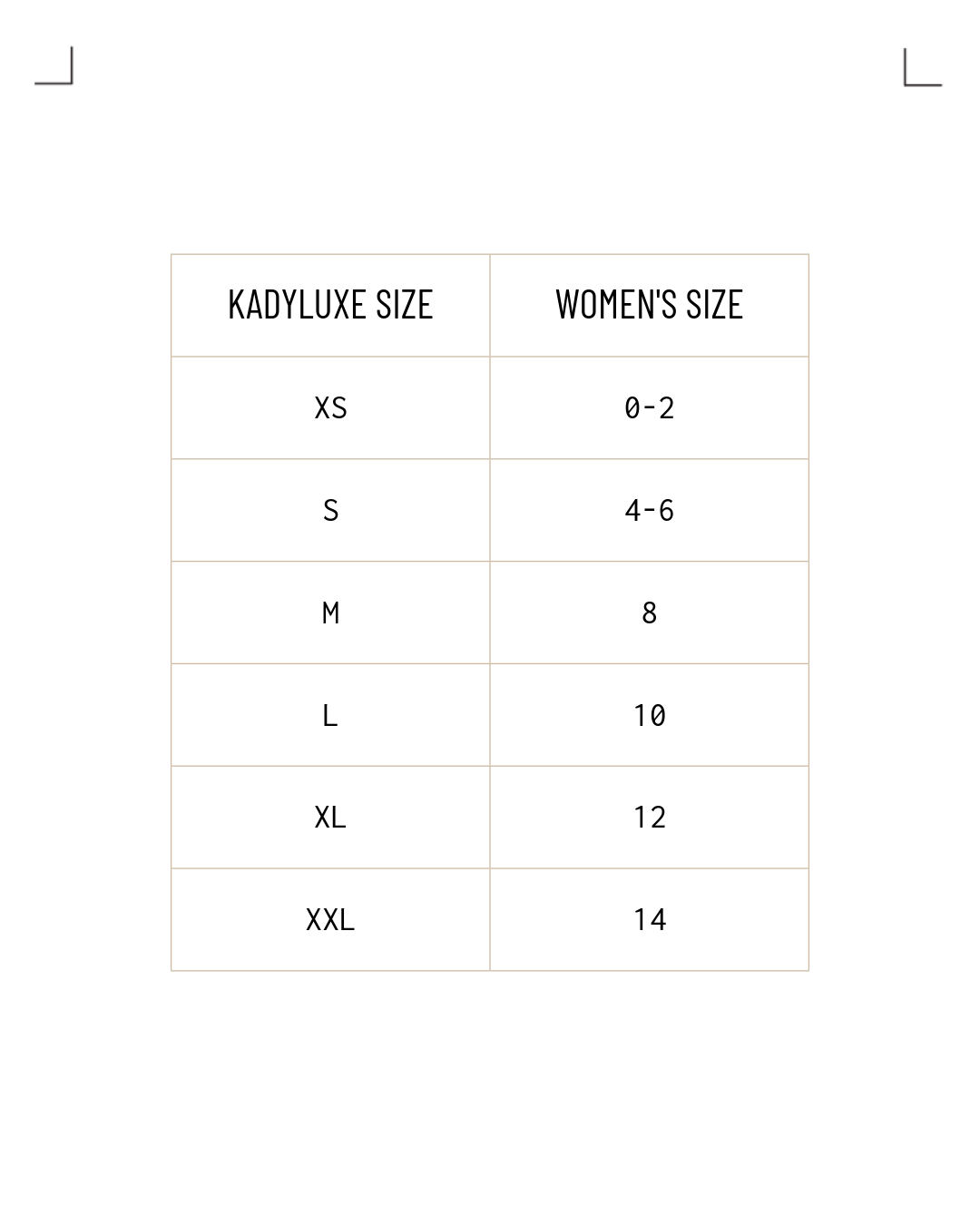 Size conversion chart from KADYLUXE to women's sizes on a white background