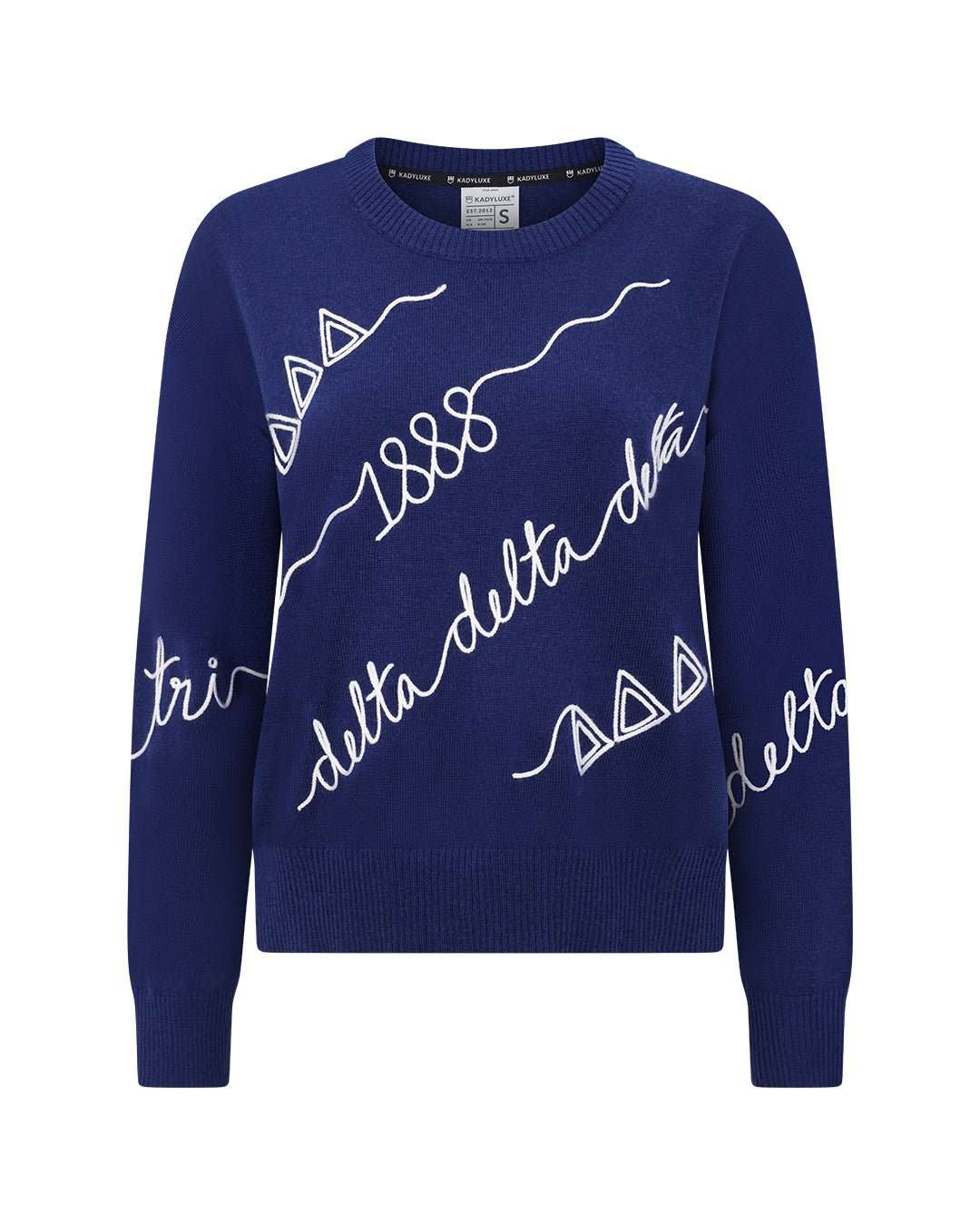 blue and white long sleeve sorority sweater with Tri Delta embroidered logo, perfect for sorority alumni tailgate