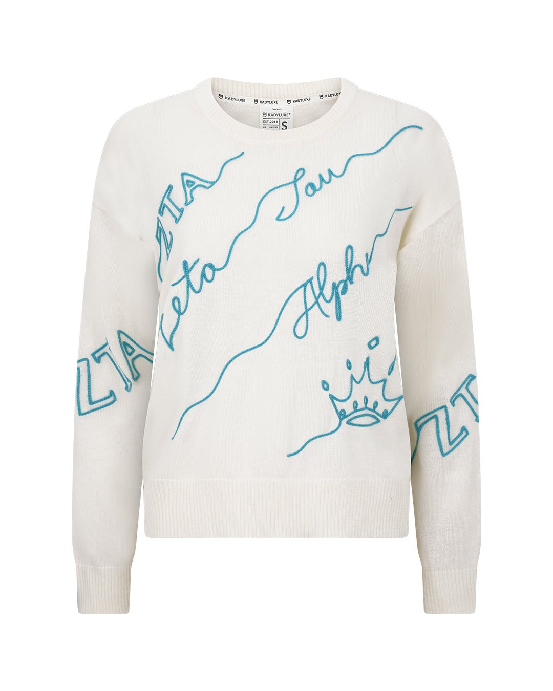 white and blue crewneck sorority sweater with Zeta Tau Alpha embroidered logo, perfect for sorority philanthropy event