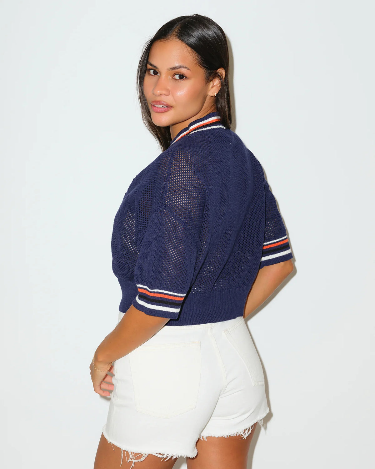 Navy Auburn Tigers cardigan sweater in burgundy with tan and white chest stripes, button-front styling, and embroidered team branding on the chest and hem.