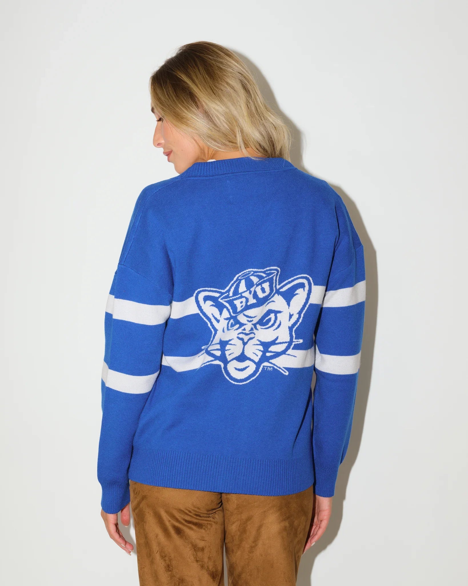 Royal, crimson, and gold BYU Cougars vintage-style cardigan with a V-neckline and embroidered retro football helmet logo on the chest.