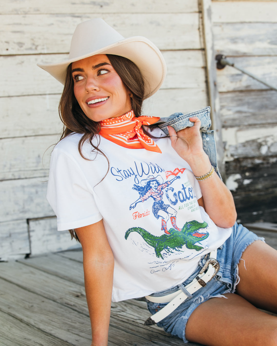white short sleeve t-shirt with florida gators hand-drawn illustration, perfect for game days, tailgates, and campus wear.