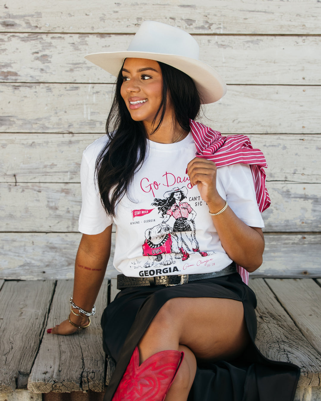 white short sleeve t-shirt with georgia bulldogs illustration, styled for game day, tailgates, and UGA campus