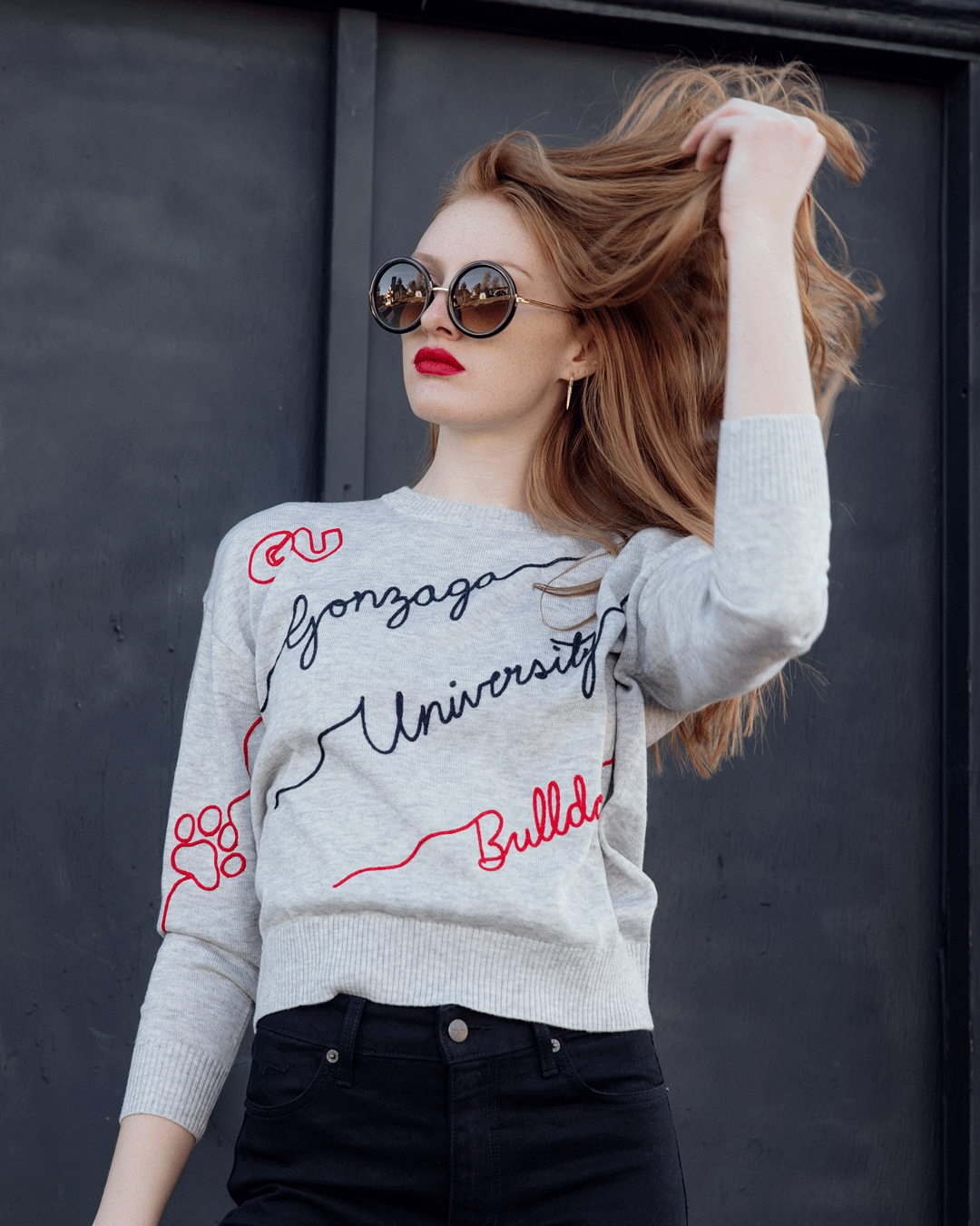 gray long sleeve sweater with gonzaga university bulldogs theme, styled for march madness, alumni, and campus wear.