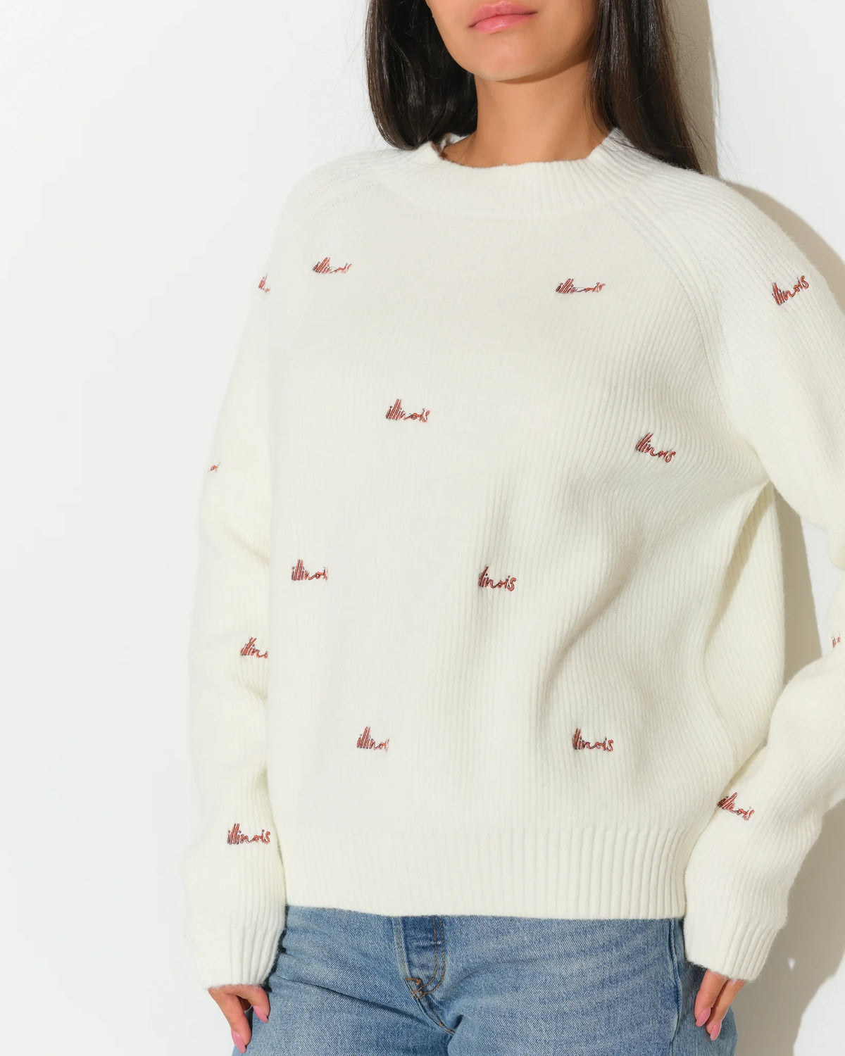 Ivory Illinois Fighting Illini fisherman sweater with allover embroidered script logos, worn with jeans.