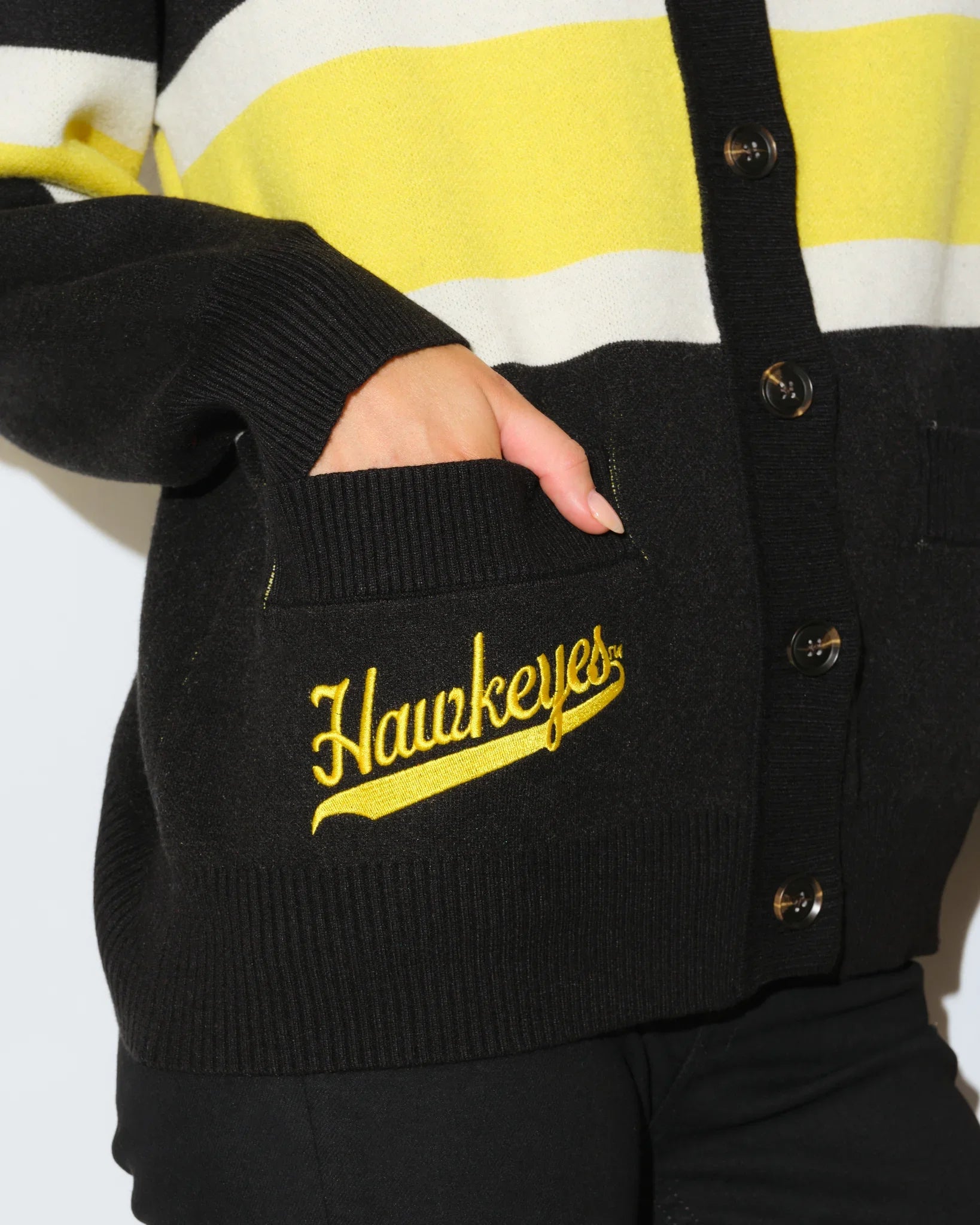 Black Iowa Hawkeyes Vinti Cardi cardigan with colorblock stripes and an embroidered retro football helmet logo at the chest.
