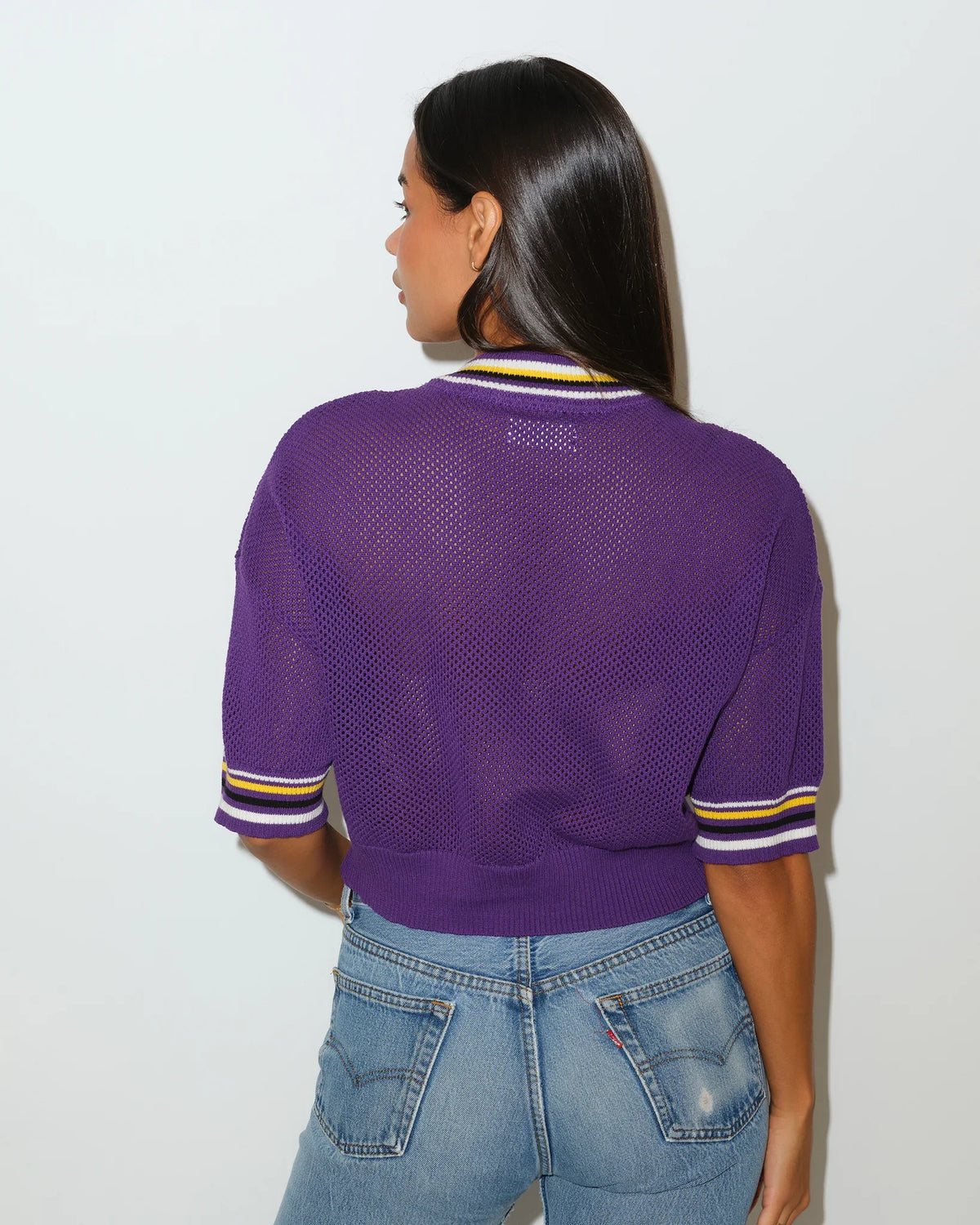 Purple LSU Tigers cropped summer sweater with "TIGERS" lettering across the chest and gold and white striped ribbed collar and cuffs.