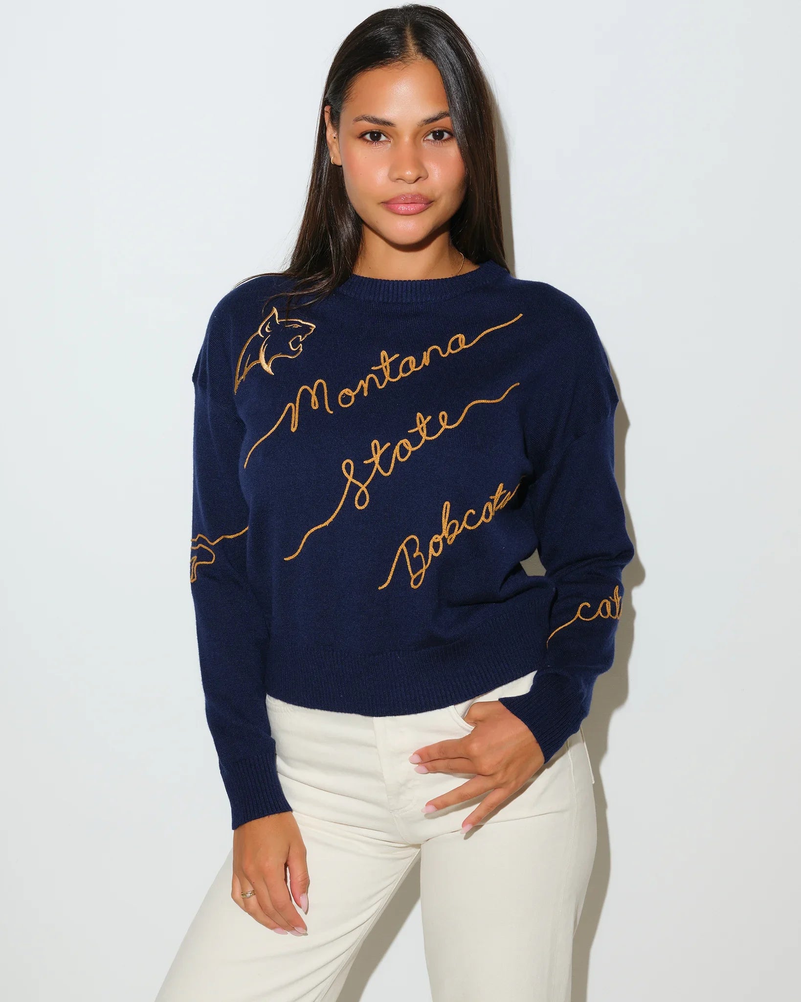 Navy Montana State Bobcats women's crewneck sweater with gold script "Montana State Bobcats" lettering across the front.